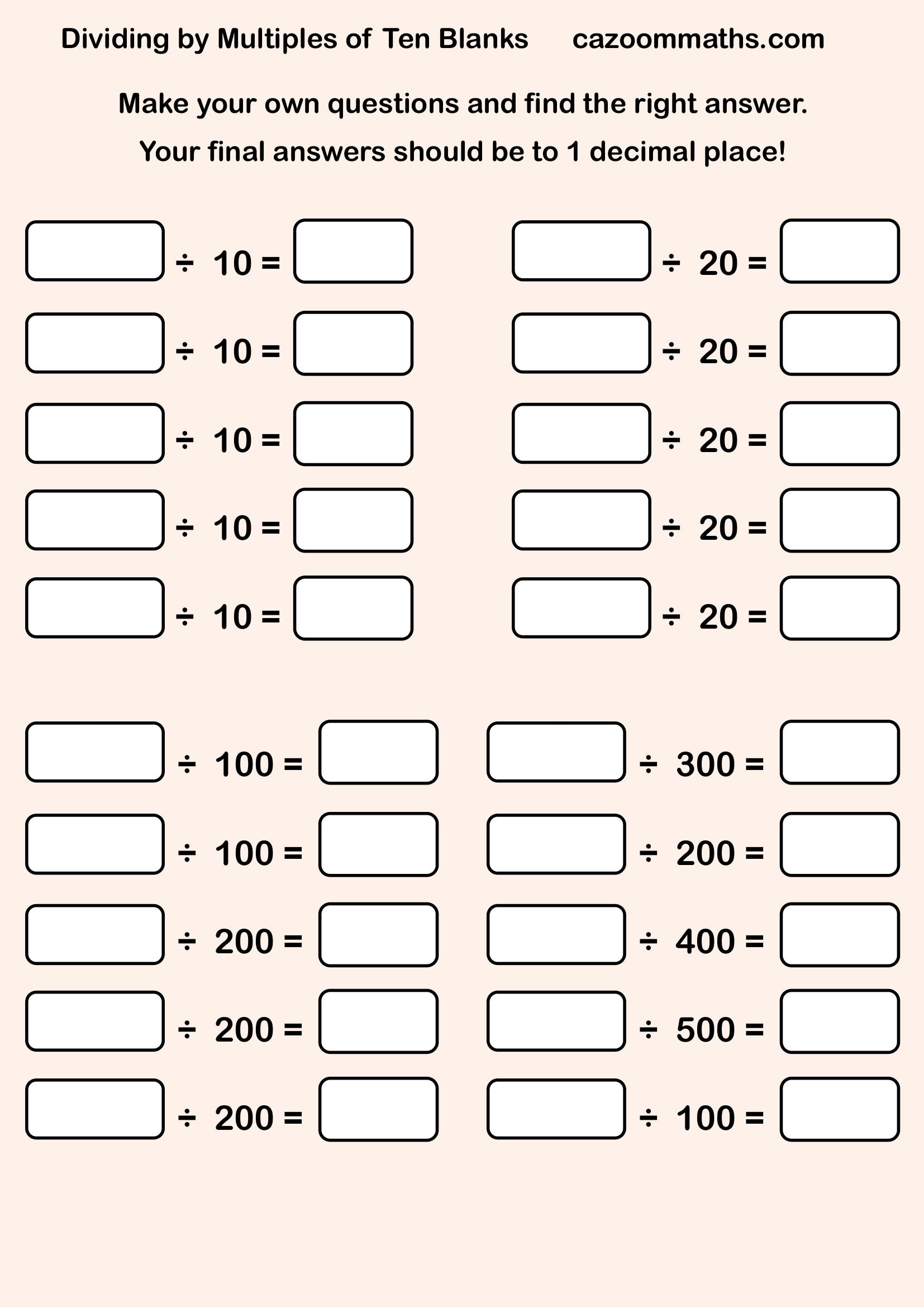 Preview of Dividing by Tens Blanks Harder