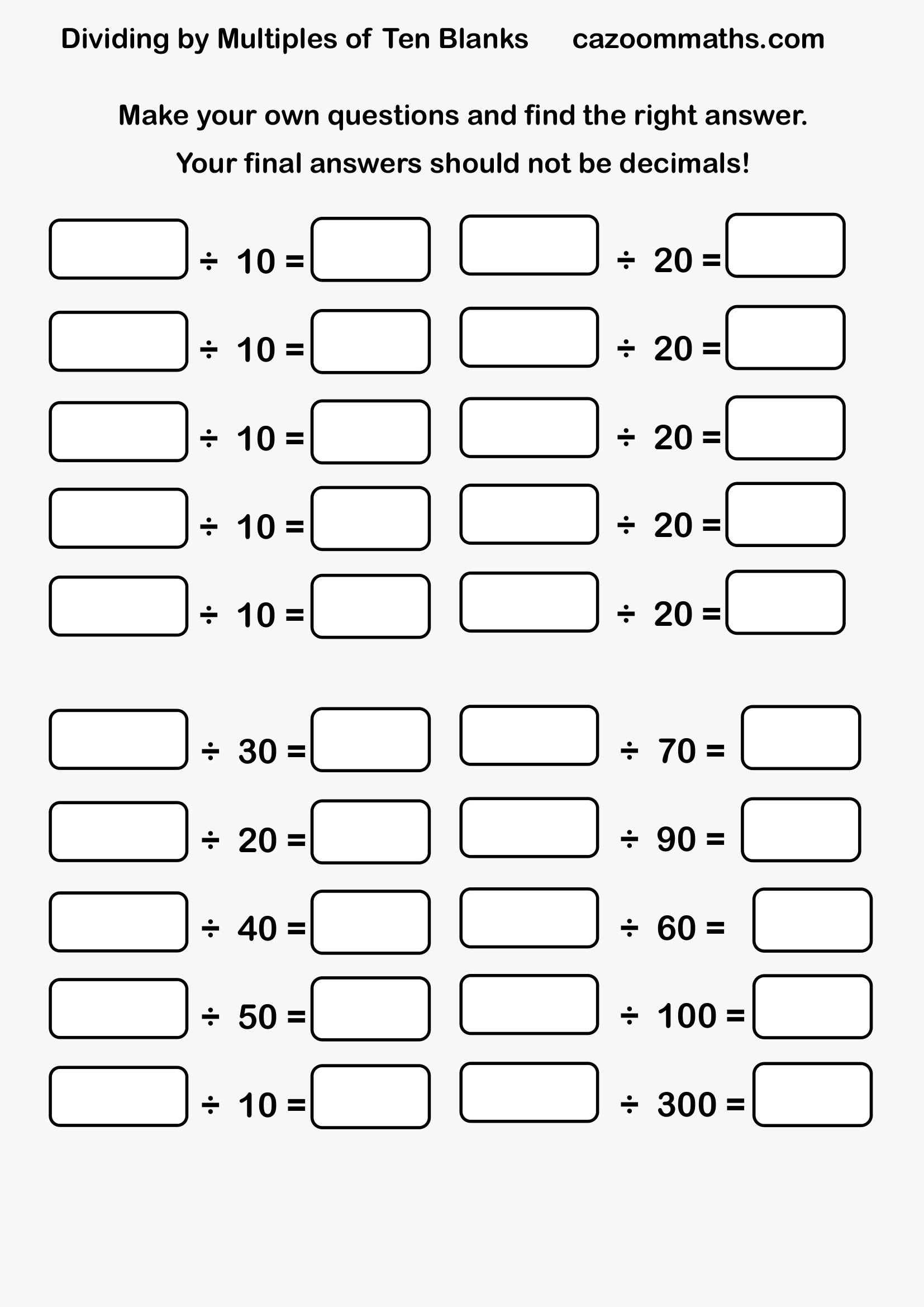 Preview of Dividing by Tens Blanks