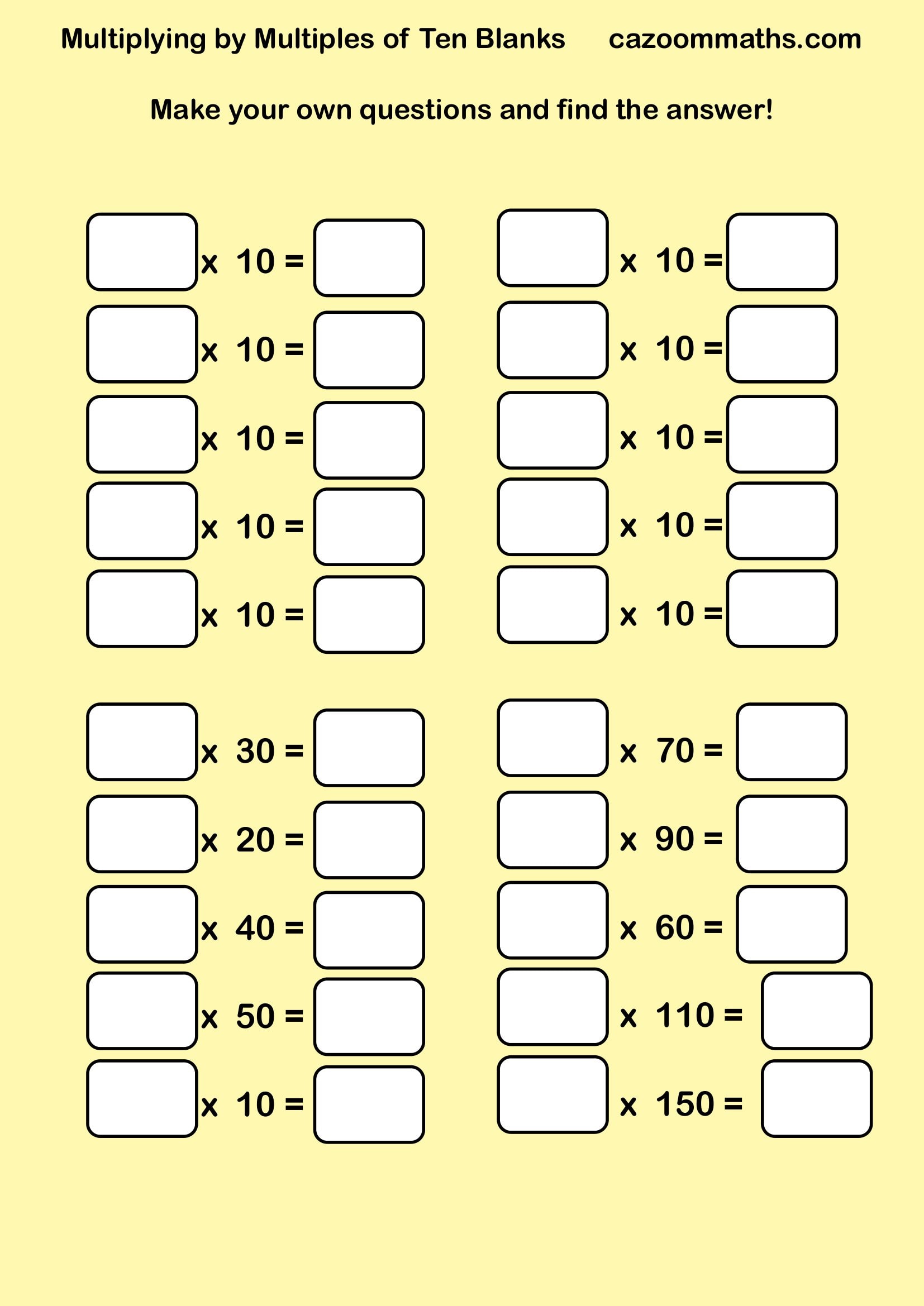 Preview of Multiplying by Ten Blanks