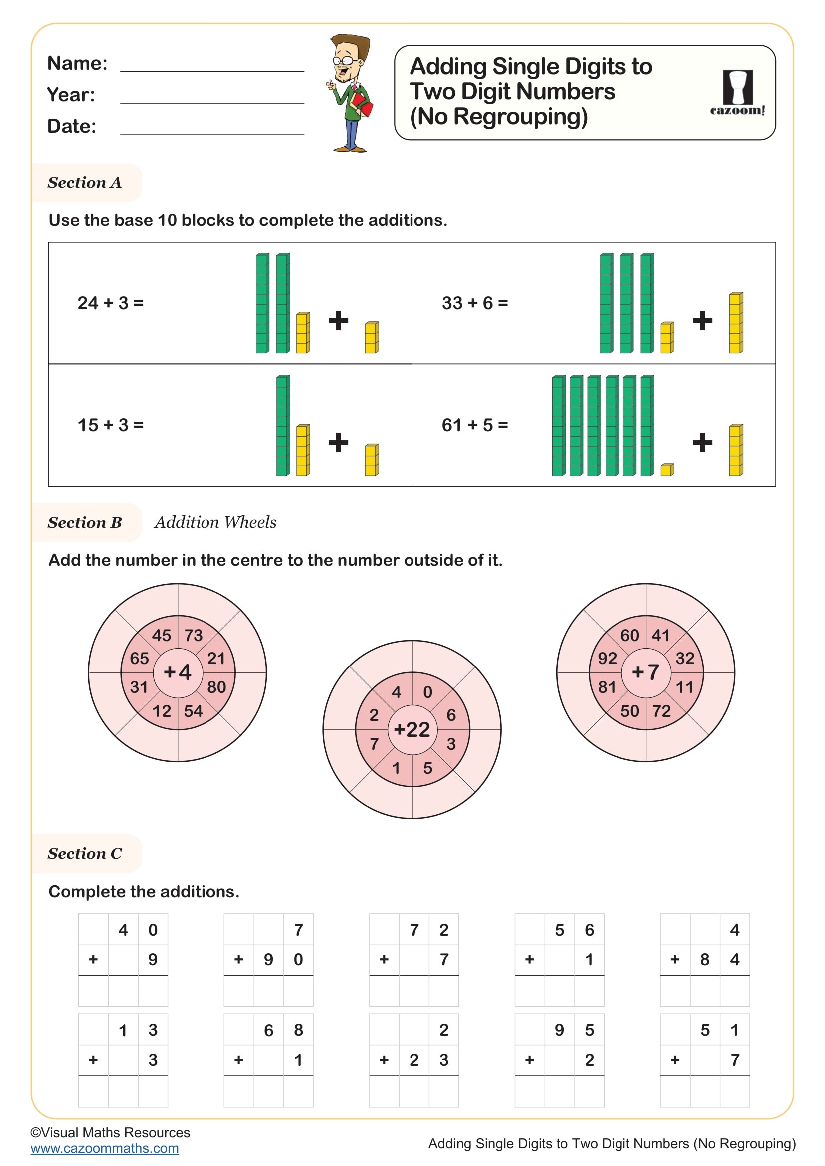 Preview of Adding Single Digits to Two Digit Numbers (No Regrouping)
