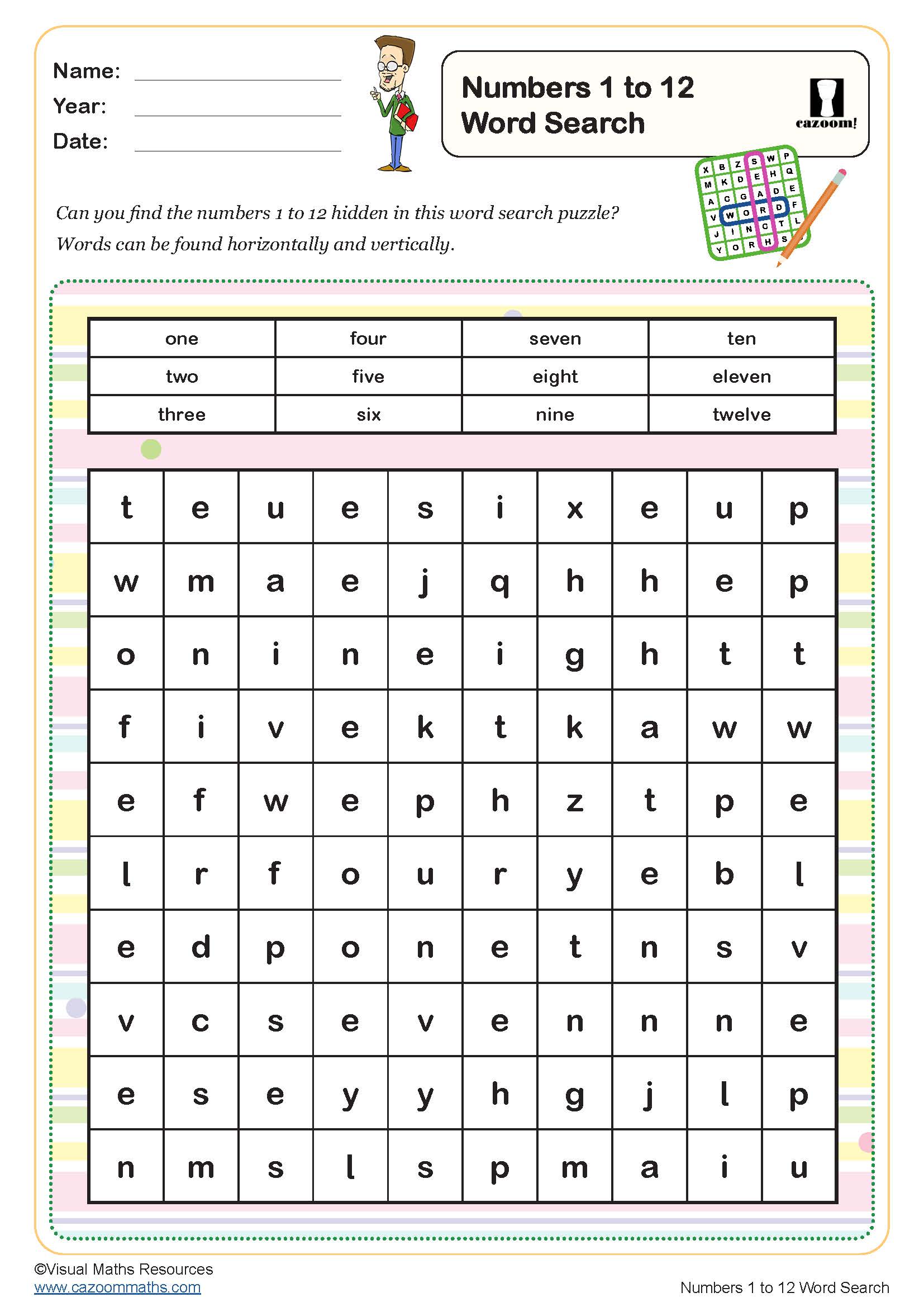 Preview of Numbers 1 to 12 Word Search