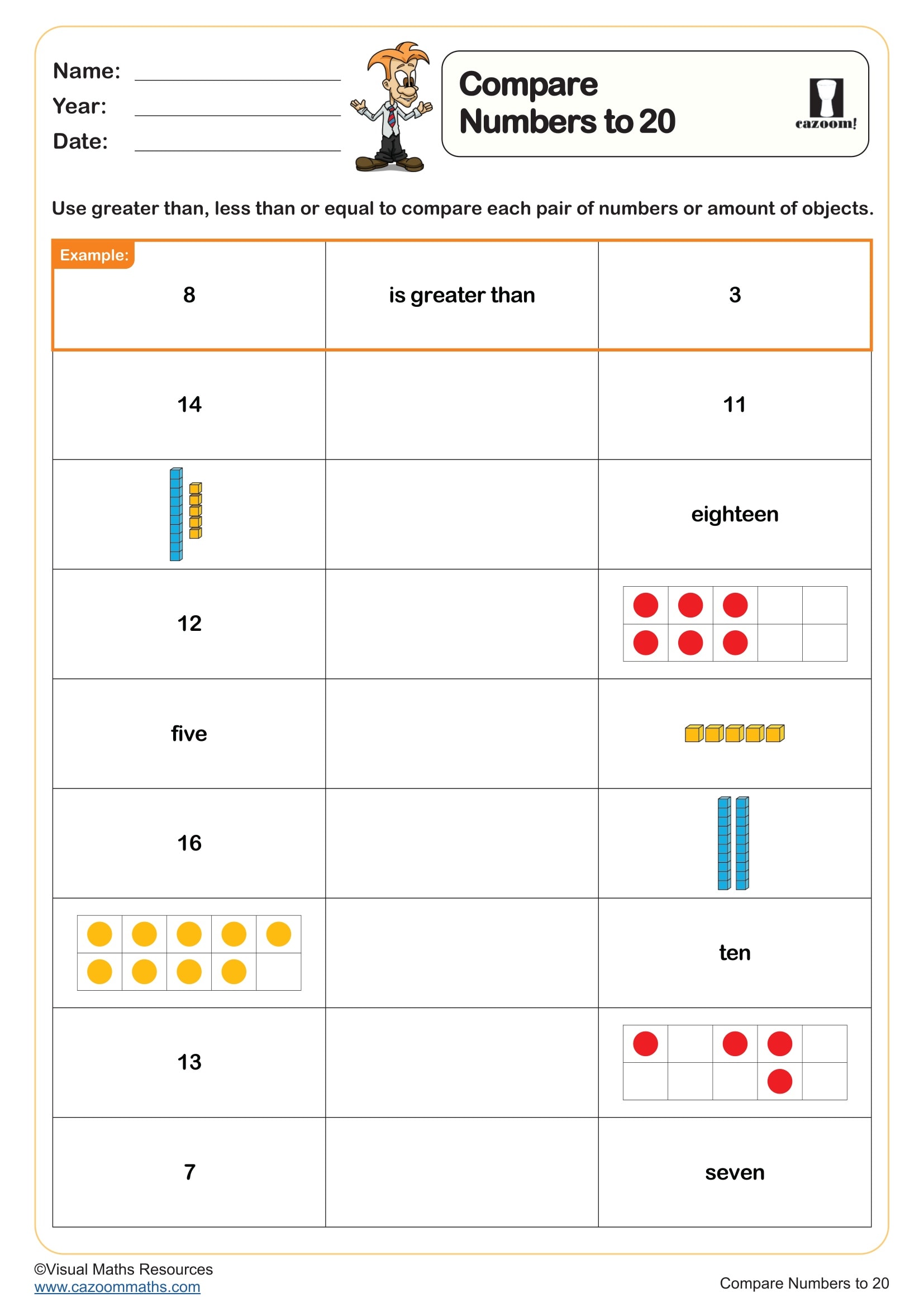 Preview of Compare Numbers to 20