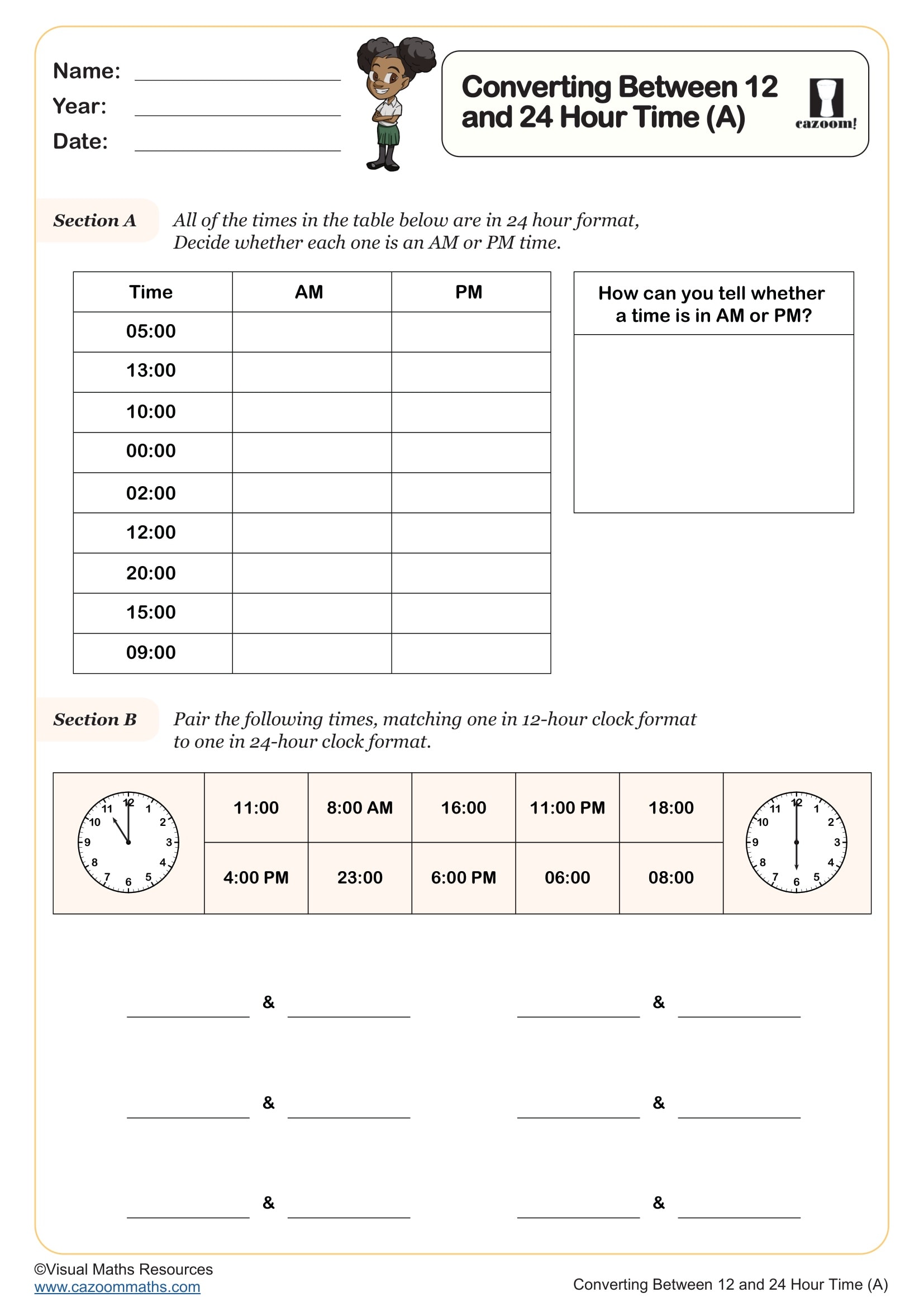 Preview of Converting Between 12 and 24 Hour Time (A)