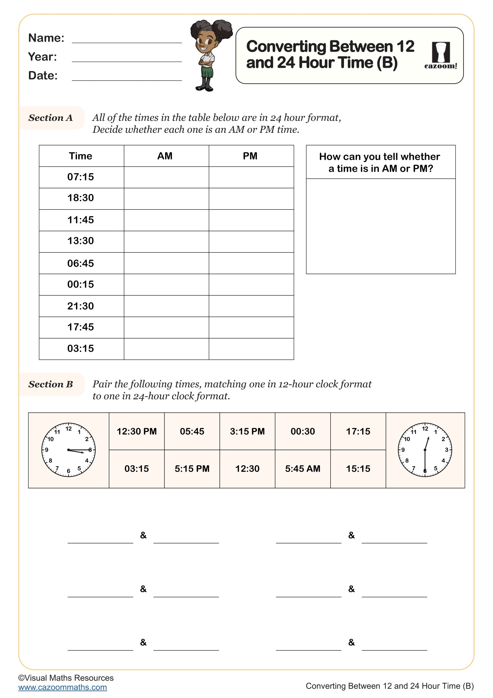 Preview of Converting Between 12 and 24 Hour Time (B)