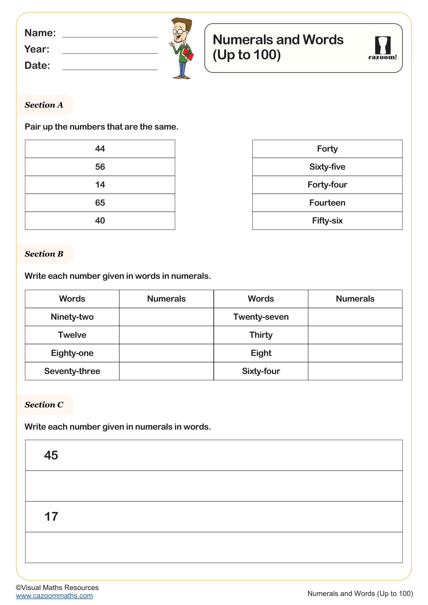 Preview of Numerals and Words (up to 100)