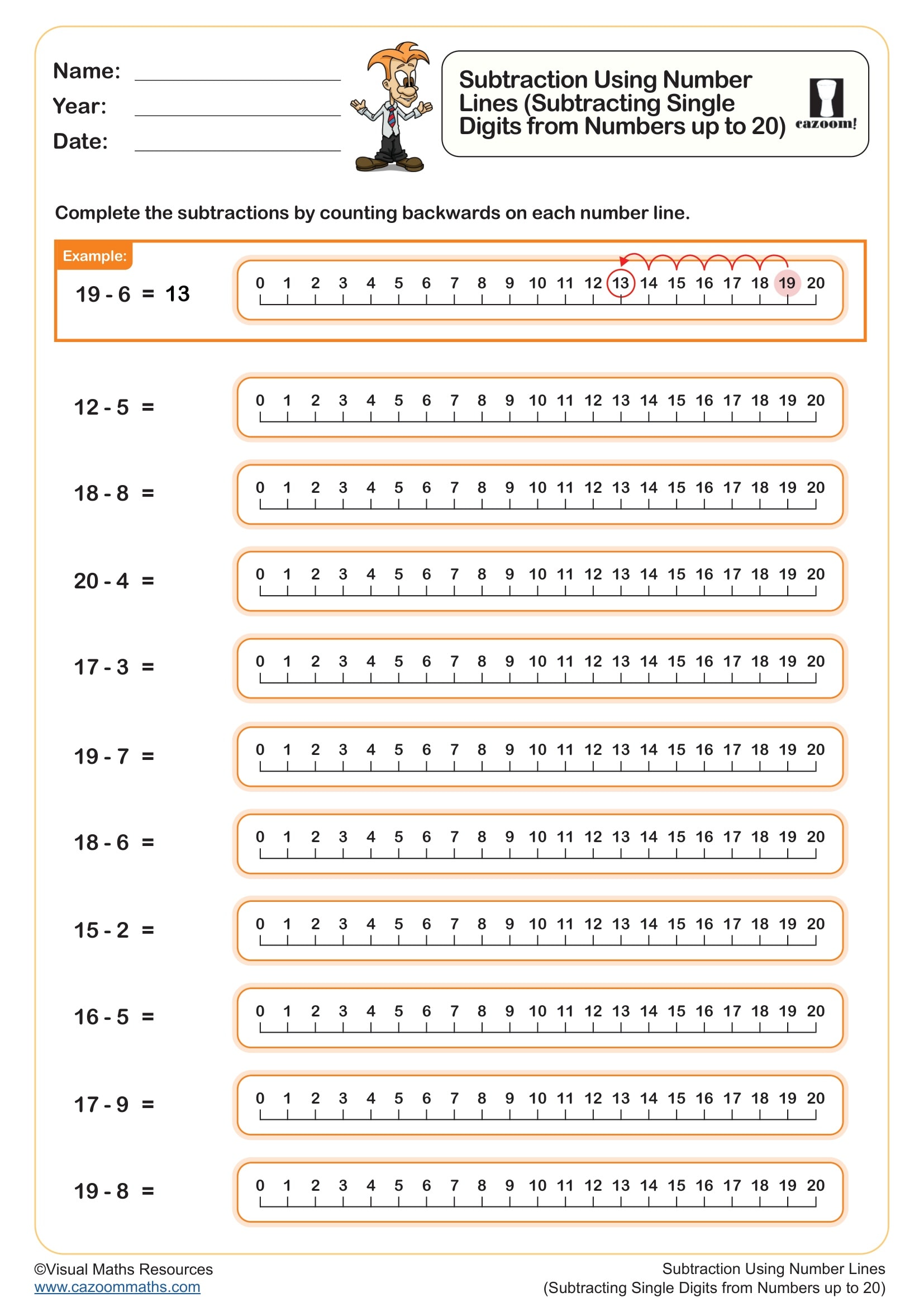 Preview of Subtraction Using Number Lines (Subtracting Single Digits from Numbers up to 20)