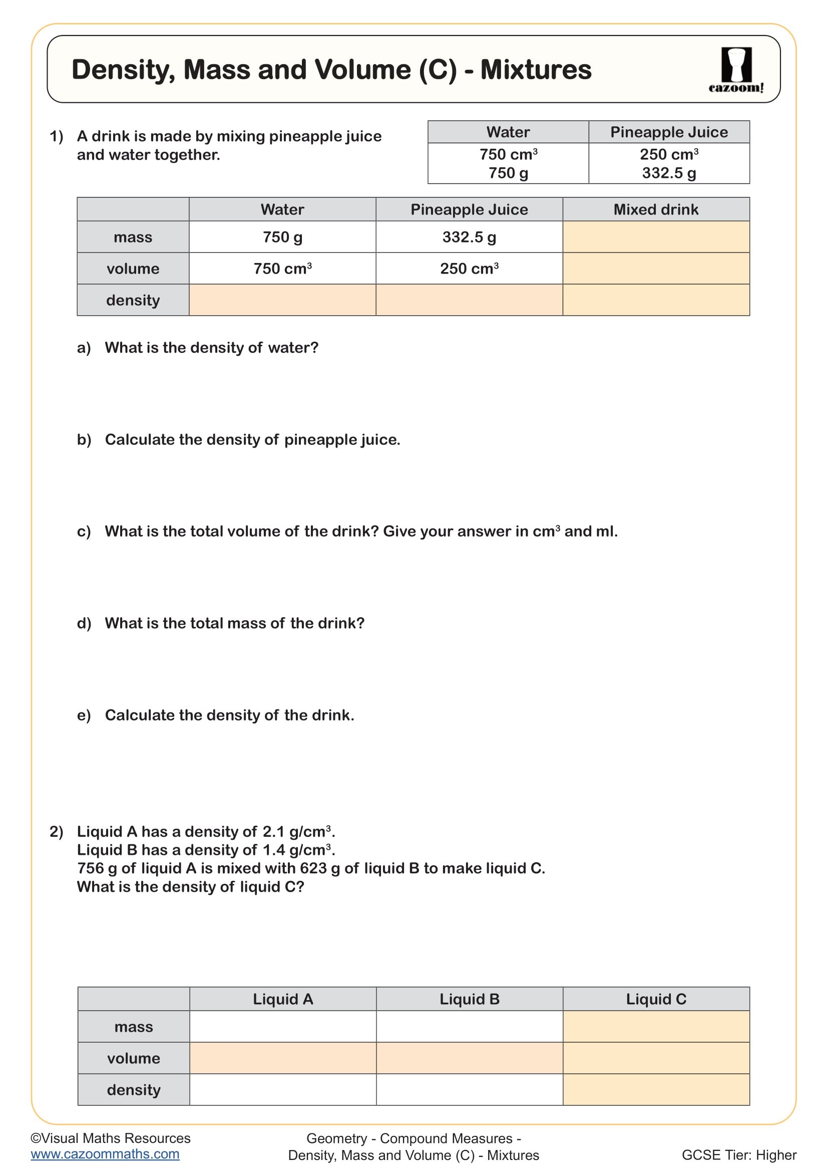 Preview of Density, Mass and Volume (C) - Mixtures