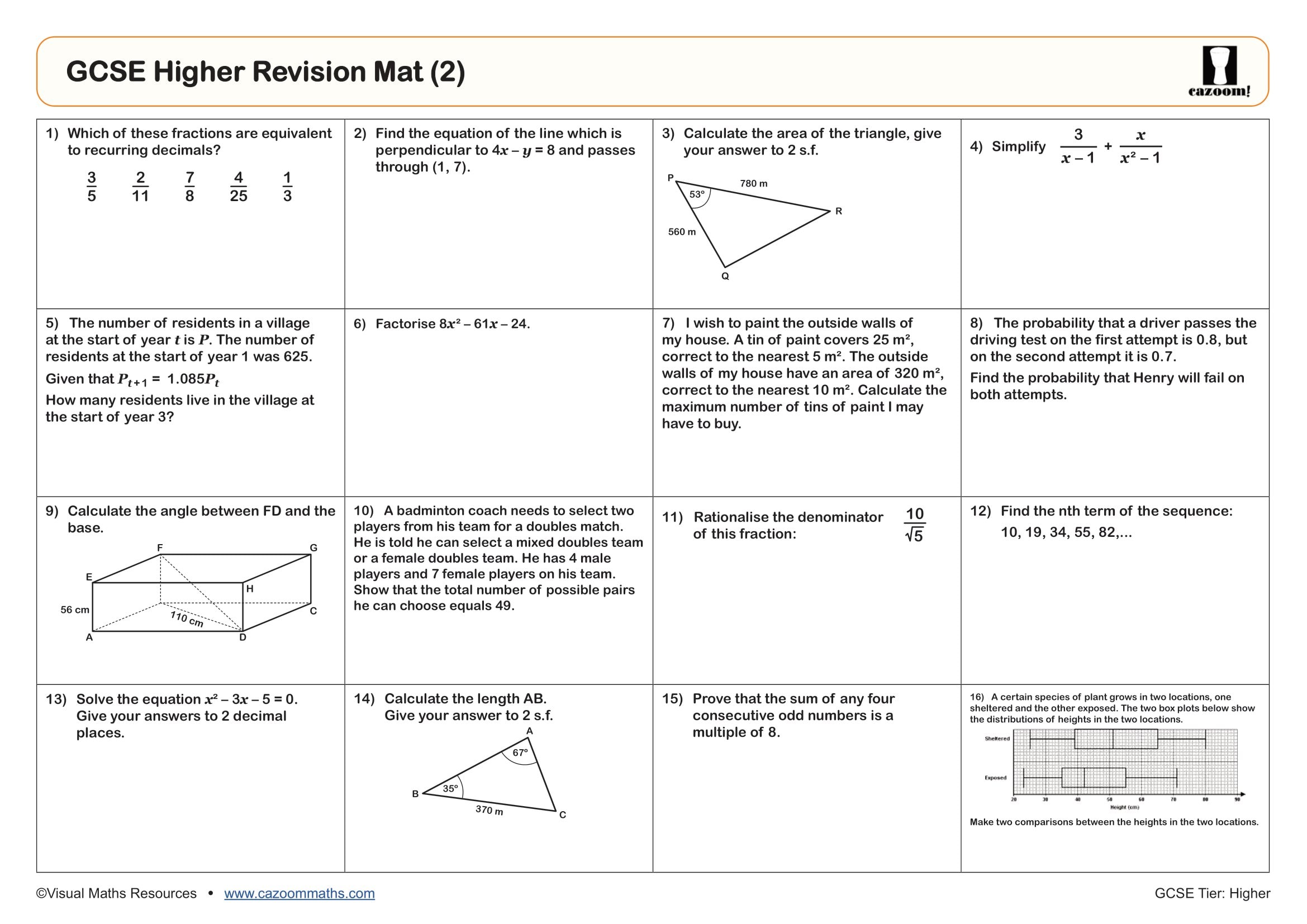 Preview of GCSE Higher Revision Mat (2)
