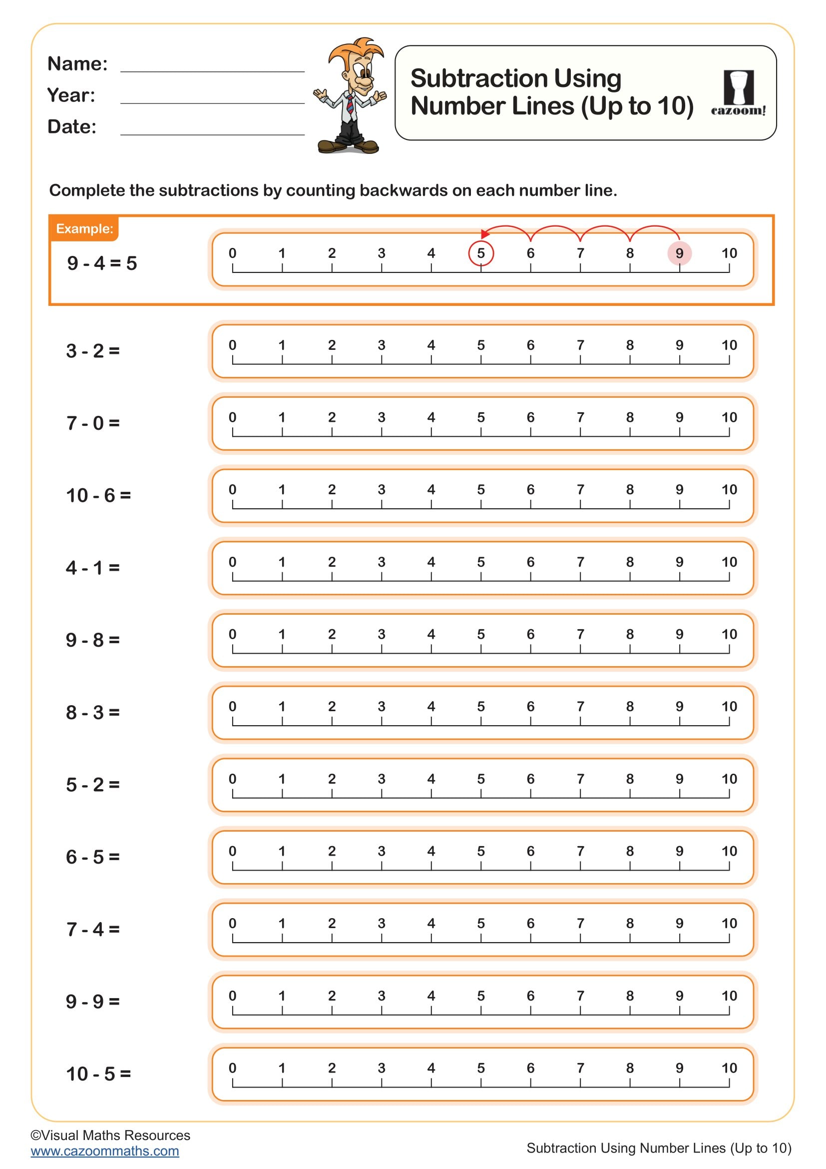 Preview of Subtraction Using Number Lines (Up to 10)