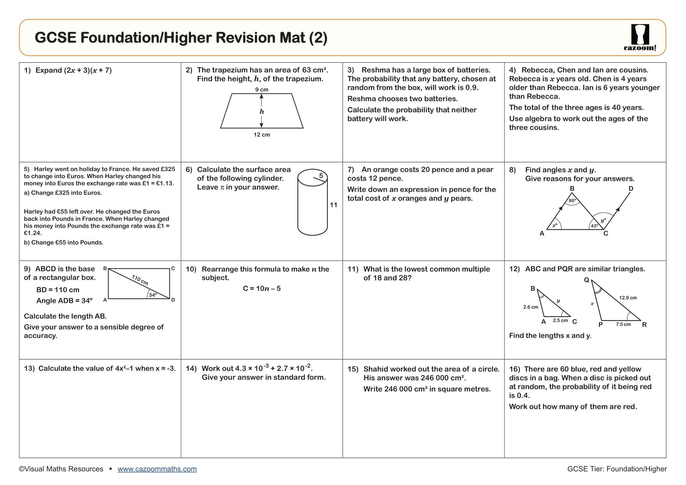 Preview of GCSE Foundation/Higher Revision Mat (2)