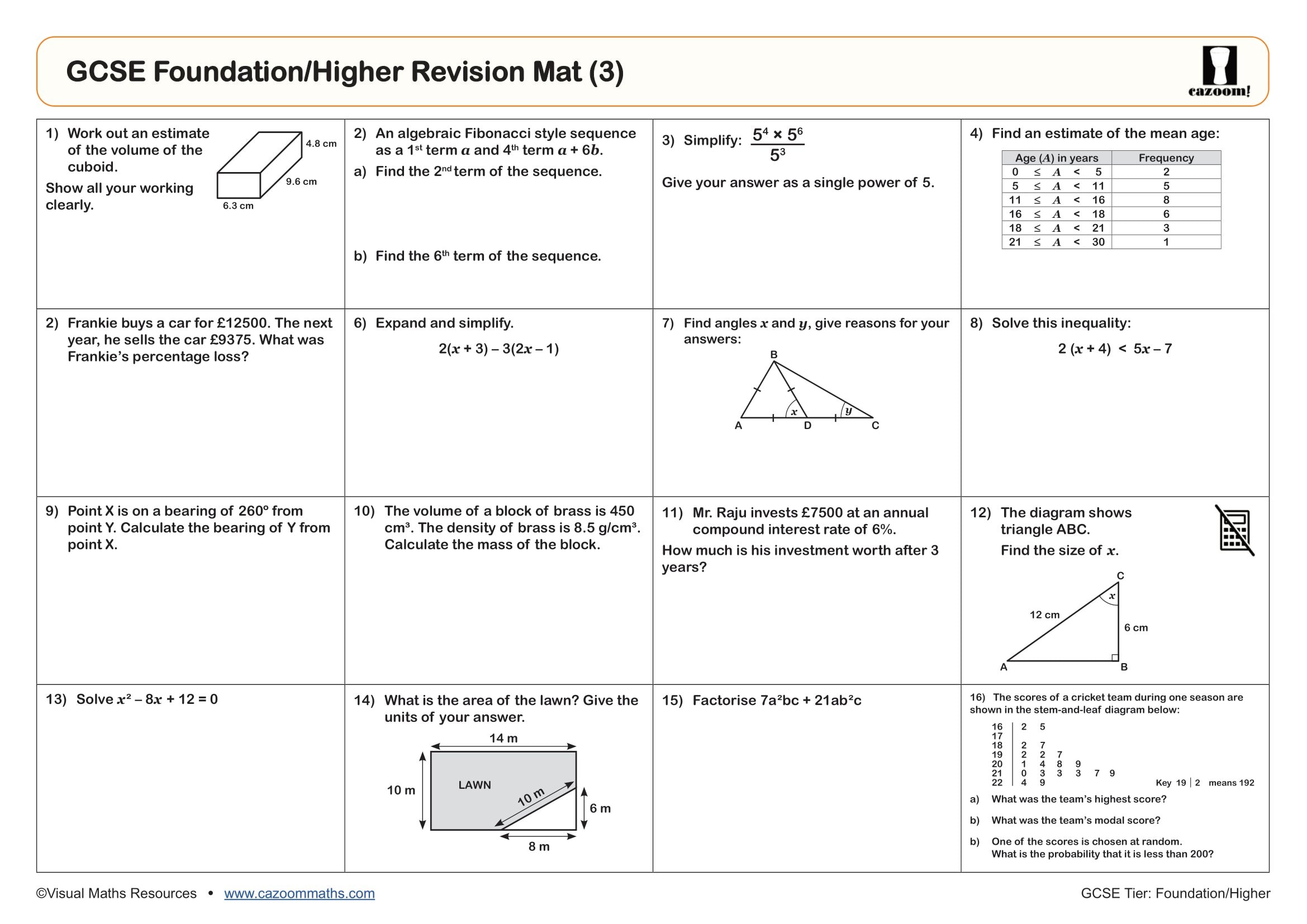 Preview of GCSE Foundation/Higher Revision Mat (3)
