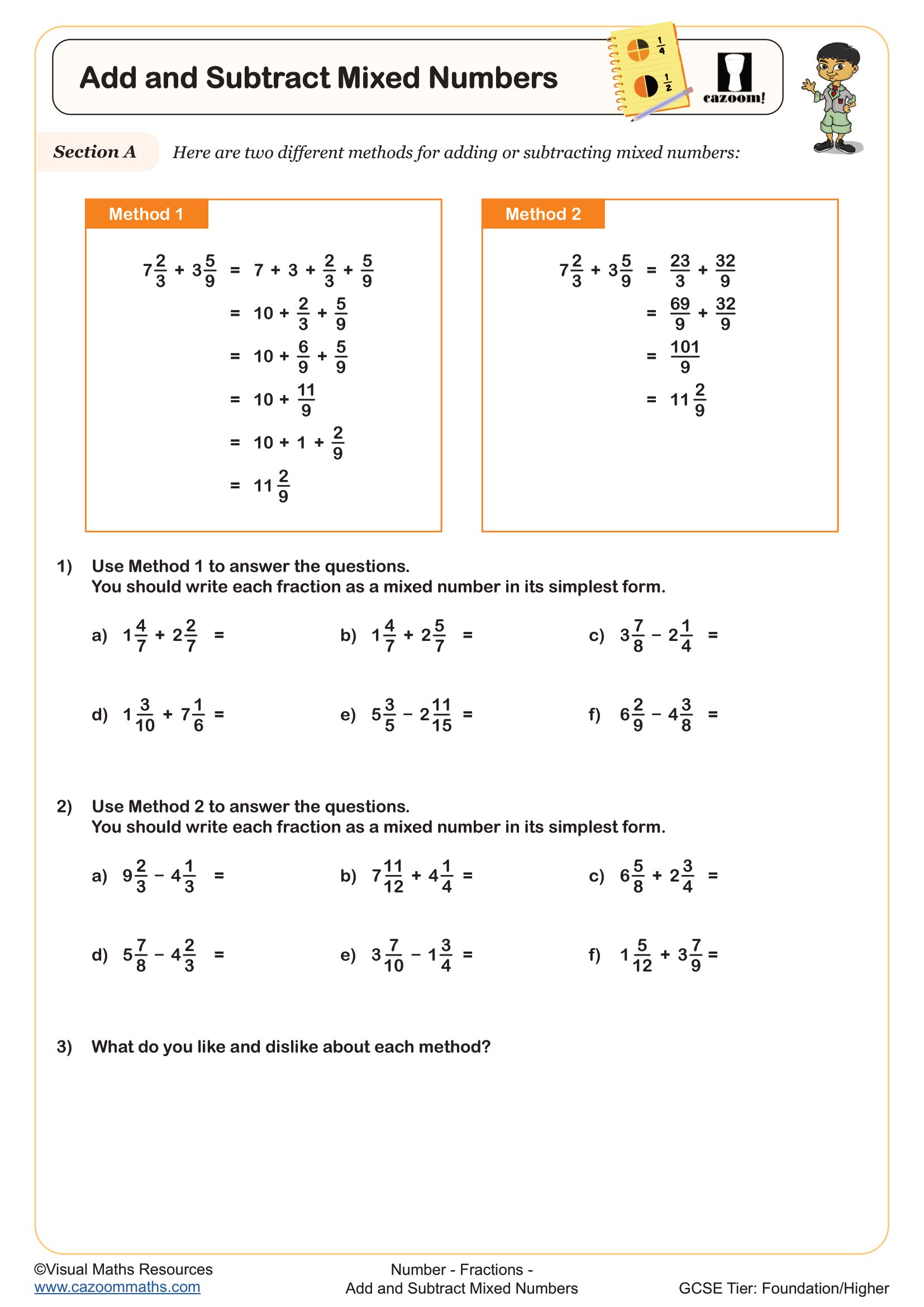 Preview of Add and Subtract Mixed Numbers