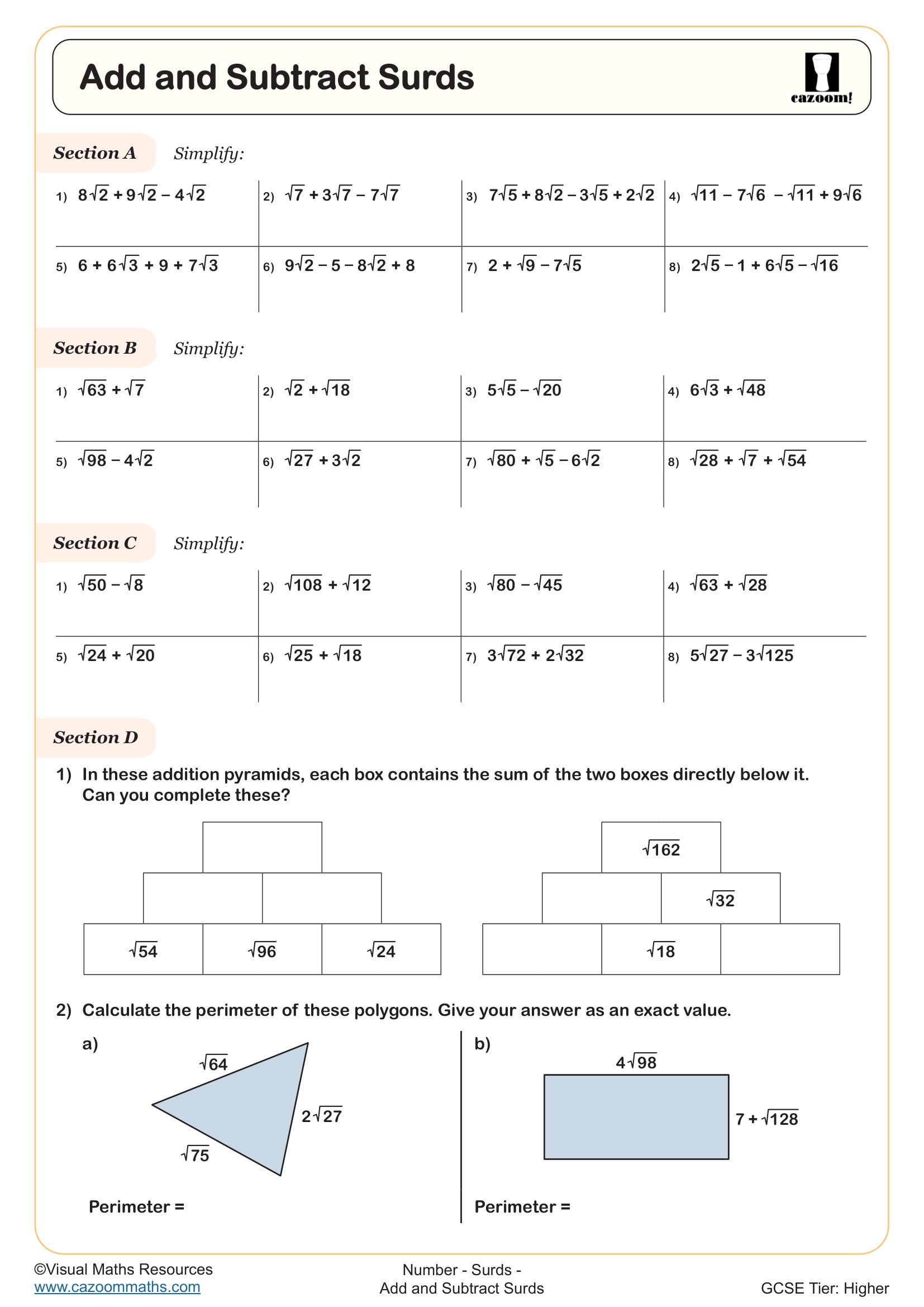 Preview of Add and Subtract Surds