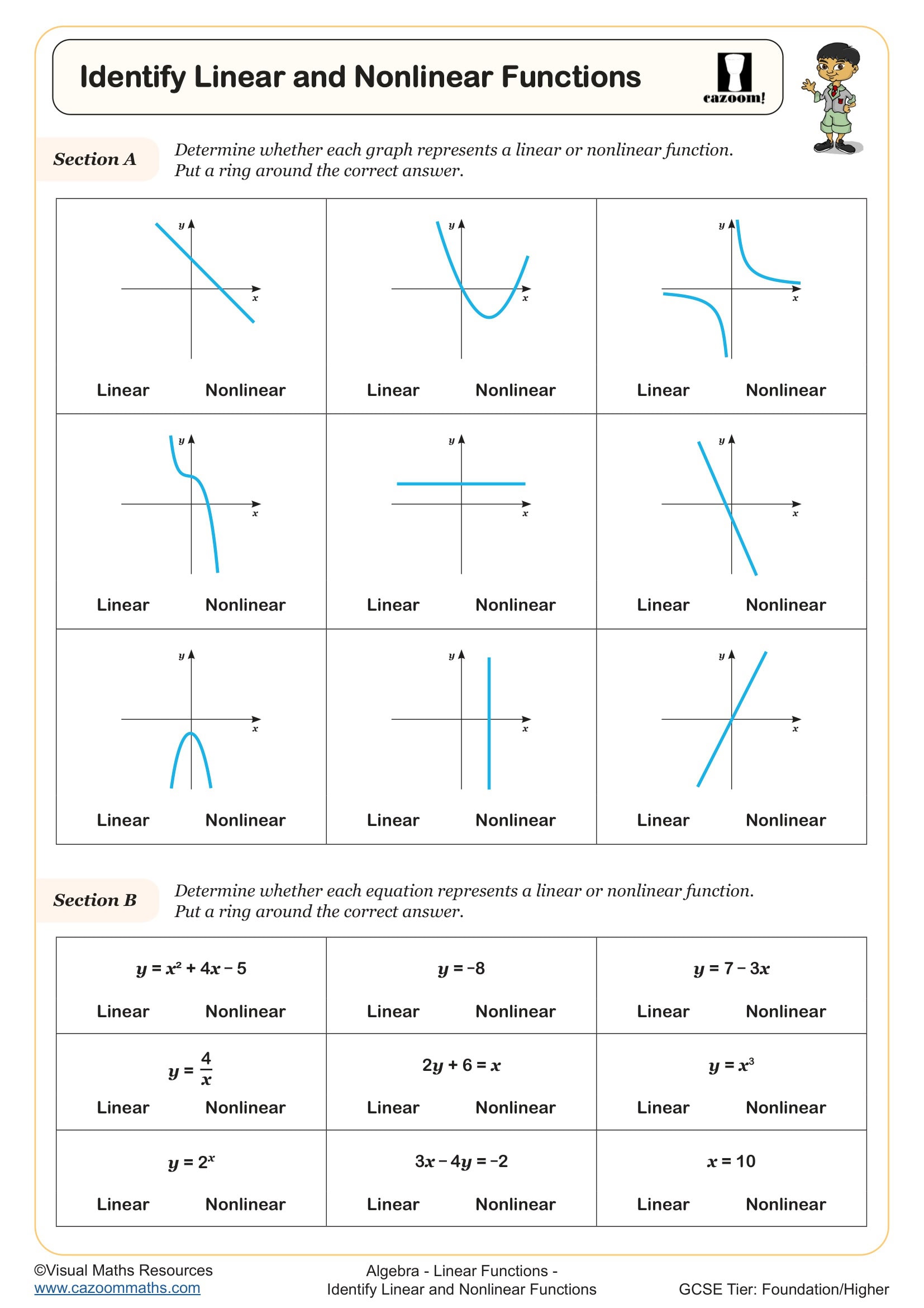 Preview of Identify Linear and Non Linear Functions