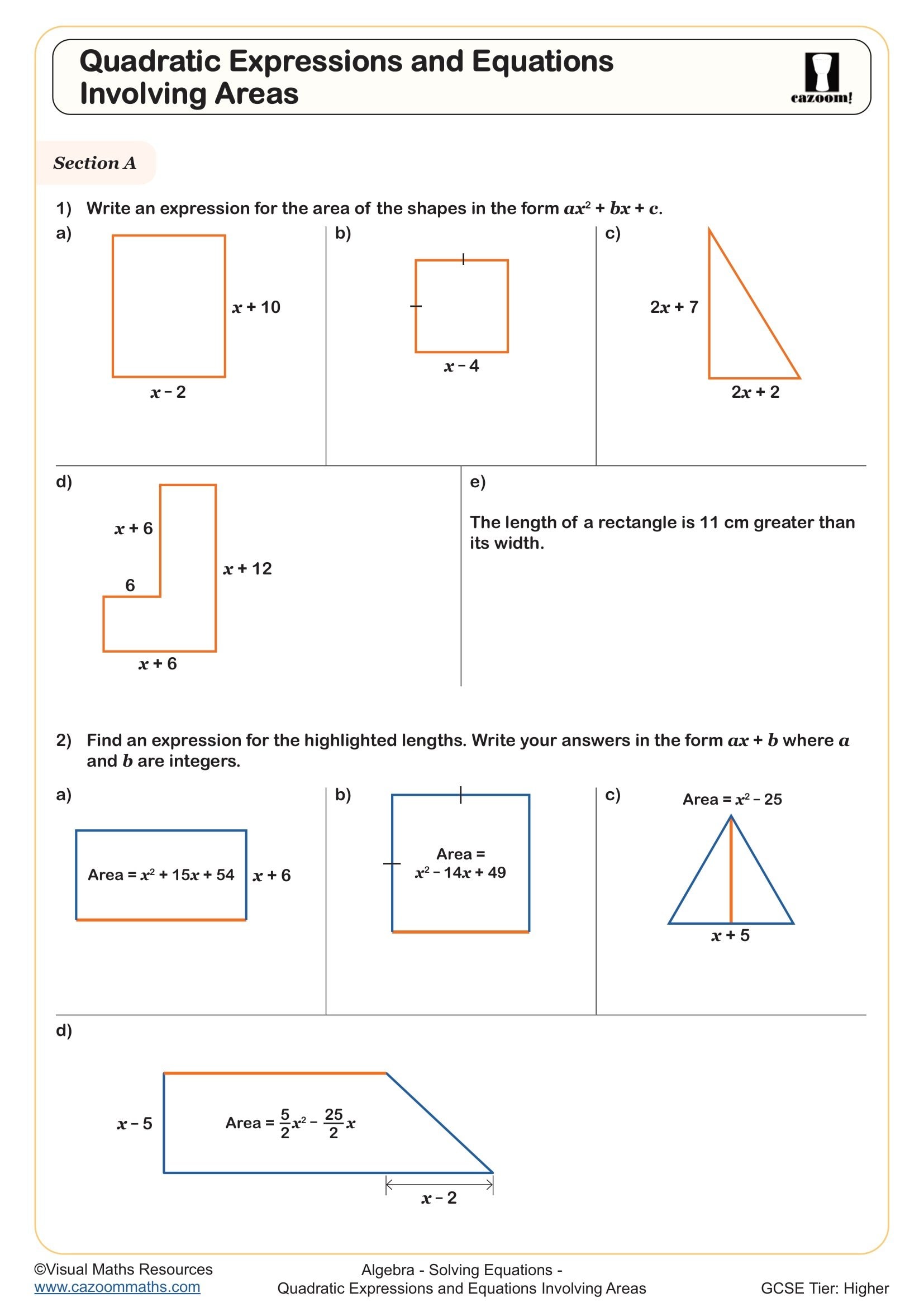 Preview of Quadratic Expressions and Equations Involving Areas