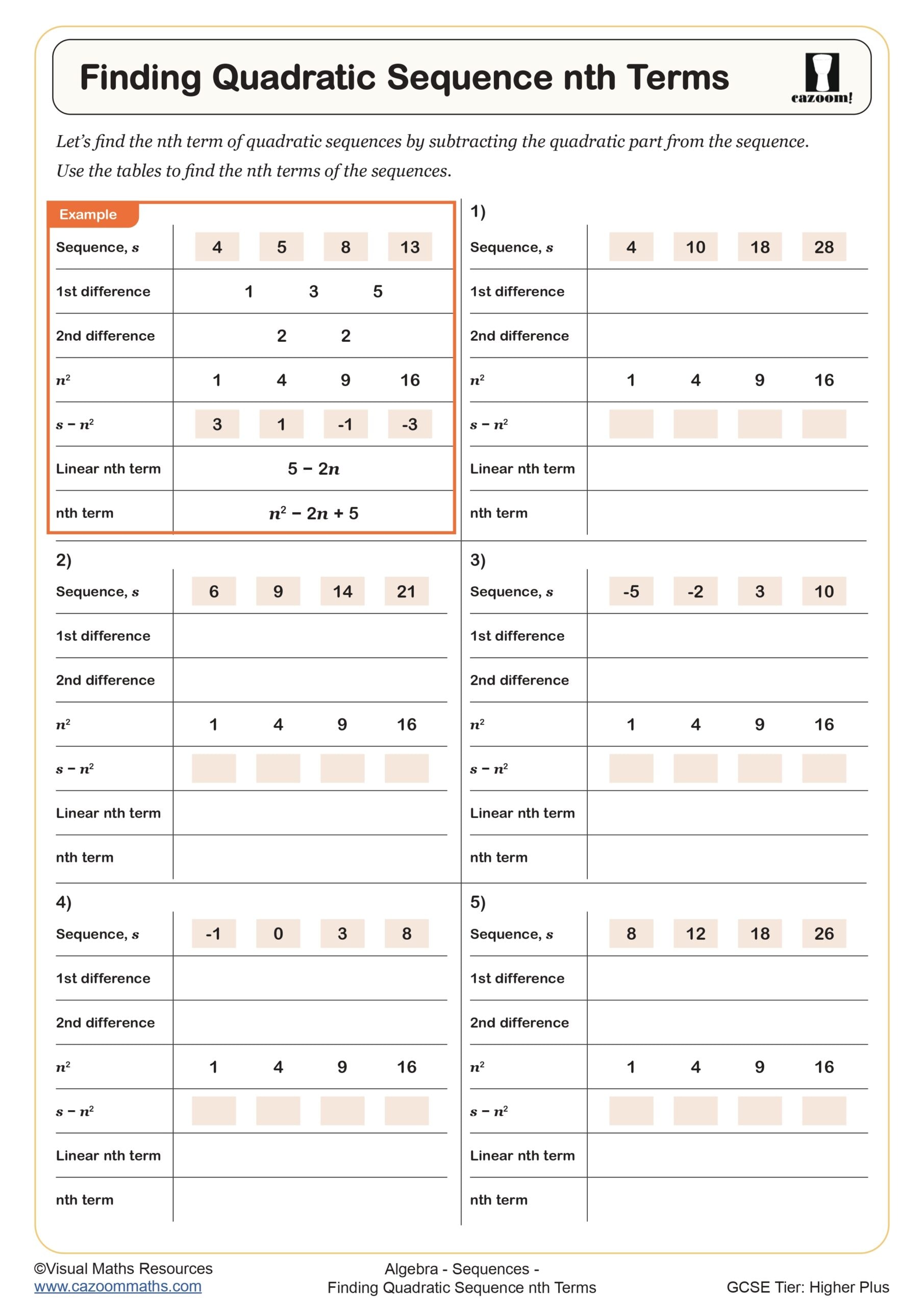 Preview of Finding Quadratic Sequence nth Terms