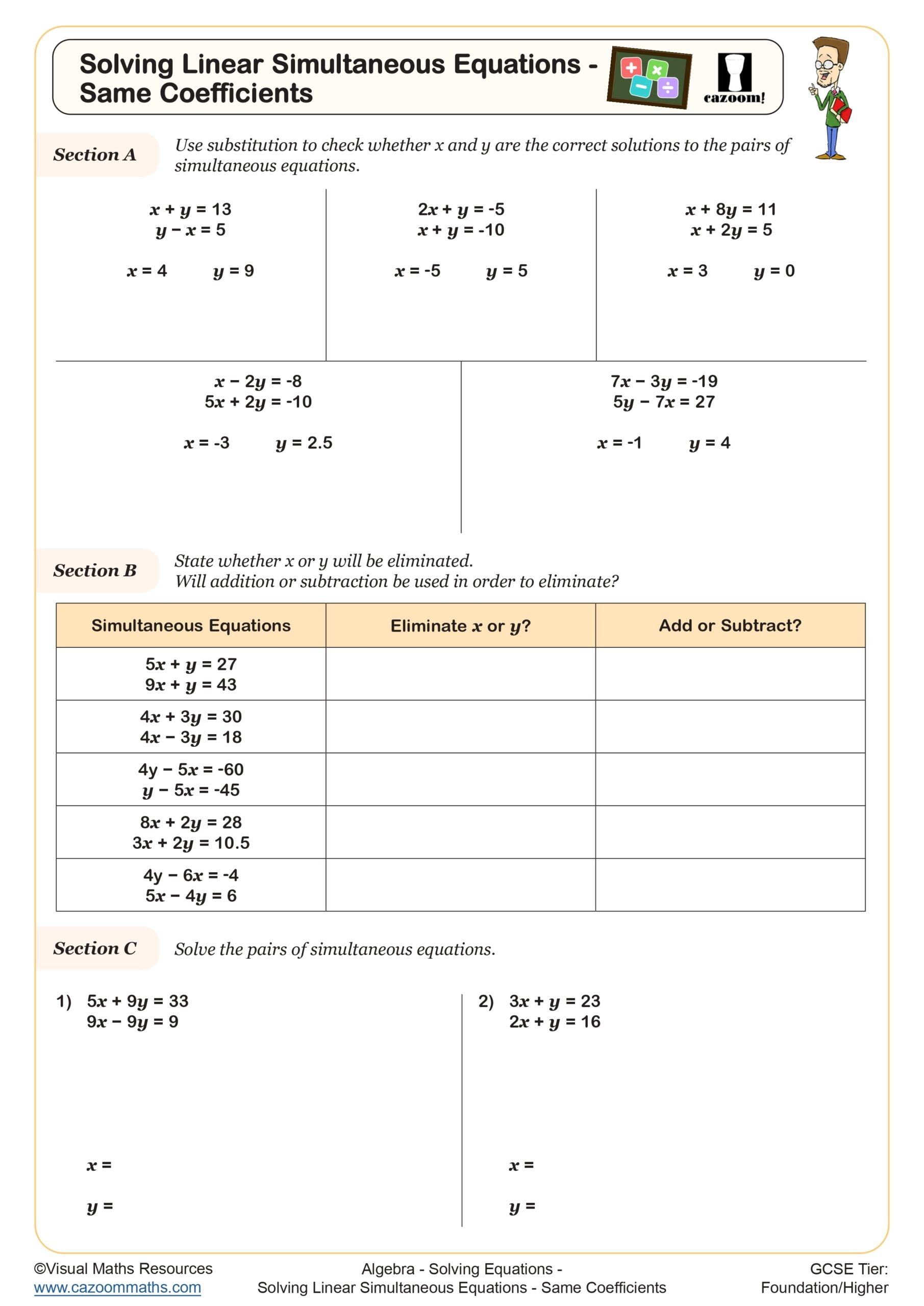Preview of Solving Linear Simultaneous Equations - Same Coefficients