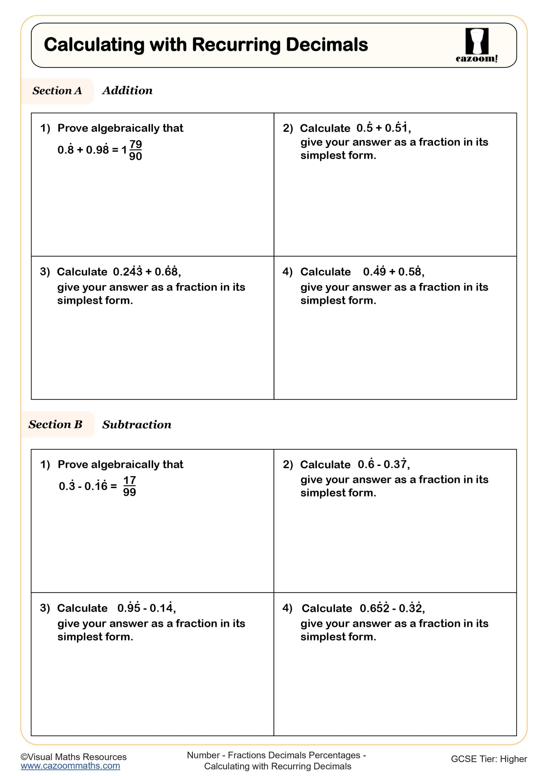 Preview of Calculating with Recurring Decimals