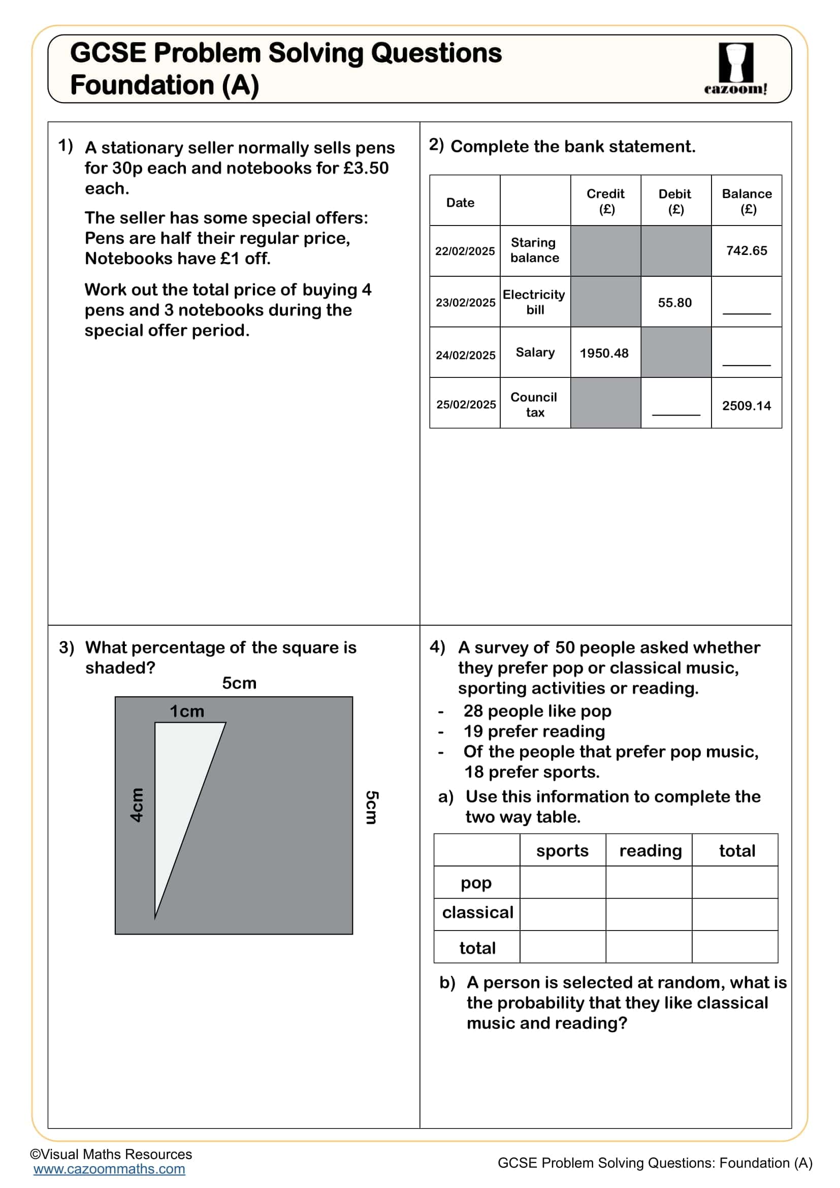 Preview of GCSE Problem Solving Questions: Foundation (A)