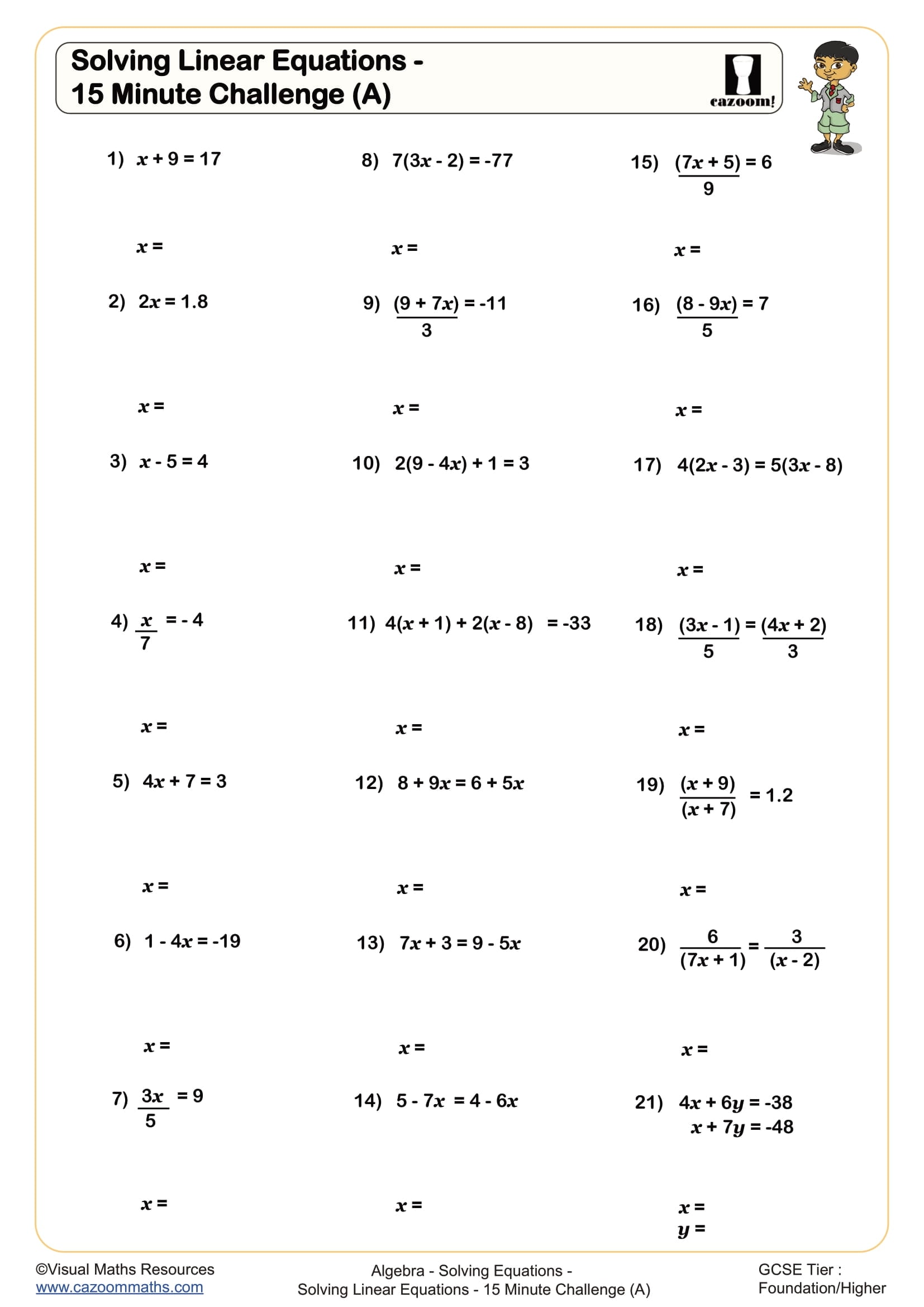 Preview of Solving Equations 15 Minute Challenge (A)