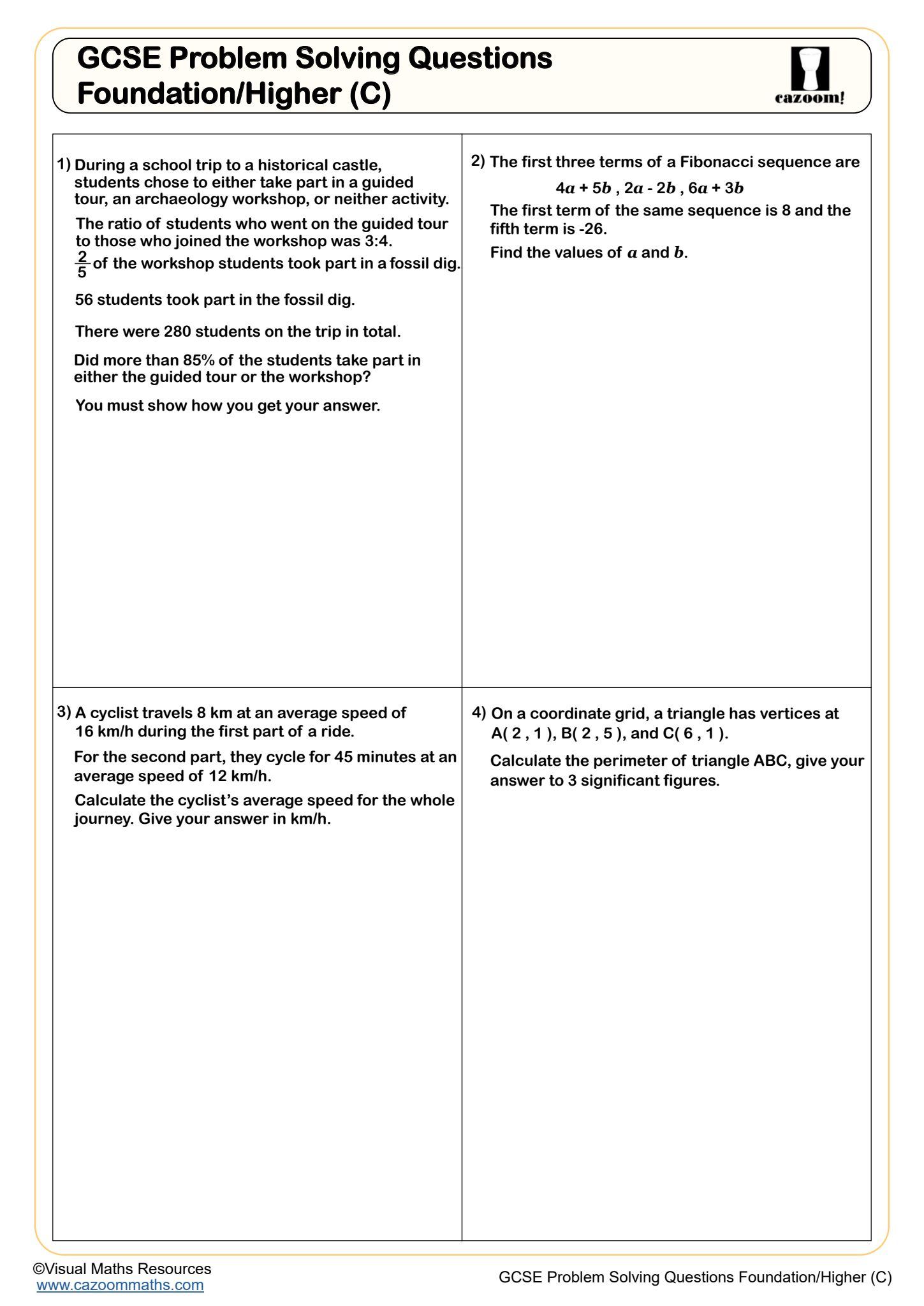 Preview of GCSE Problem Solving Questions Foundation/Higher (C)