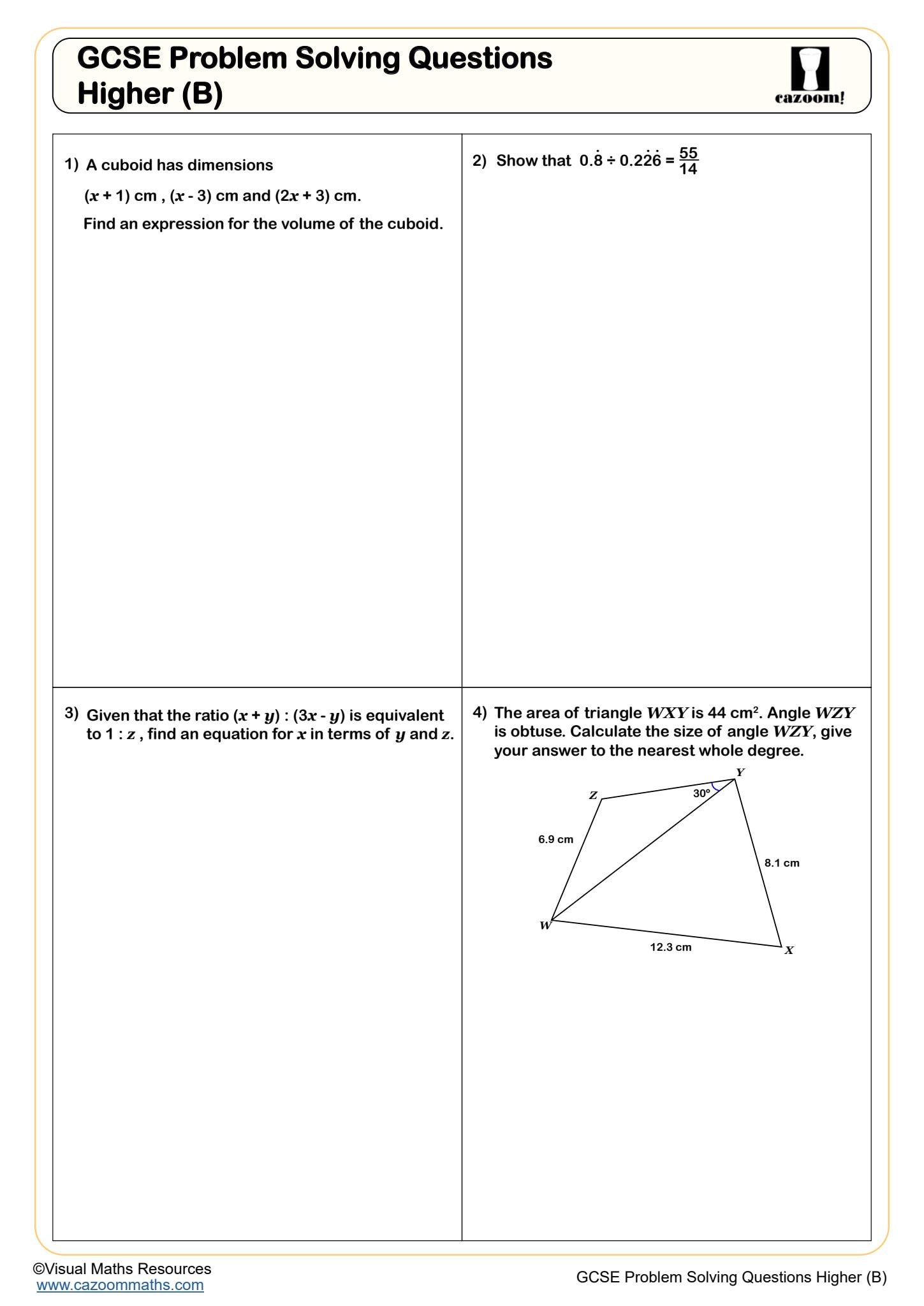Preview of GCSE Problem Solving Questions Higher (B)