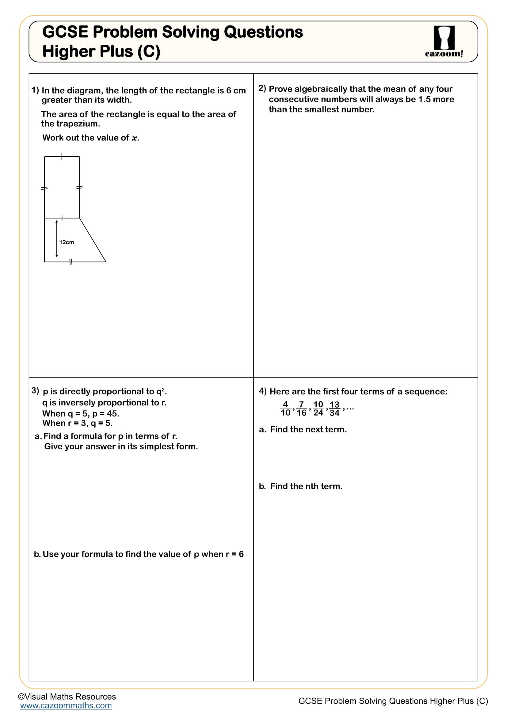 Preview of GCSE Problem Solving Questions Higher Plus (C)