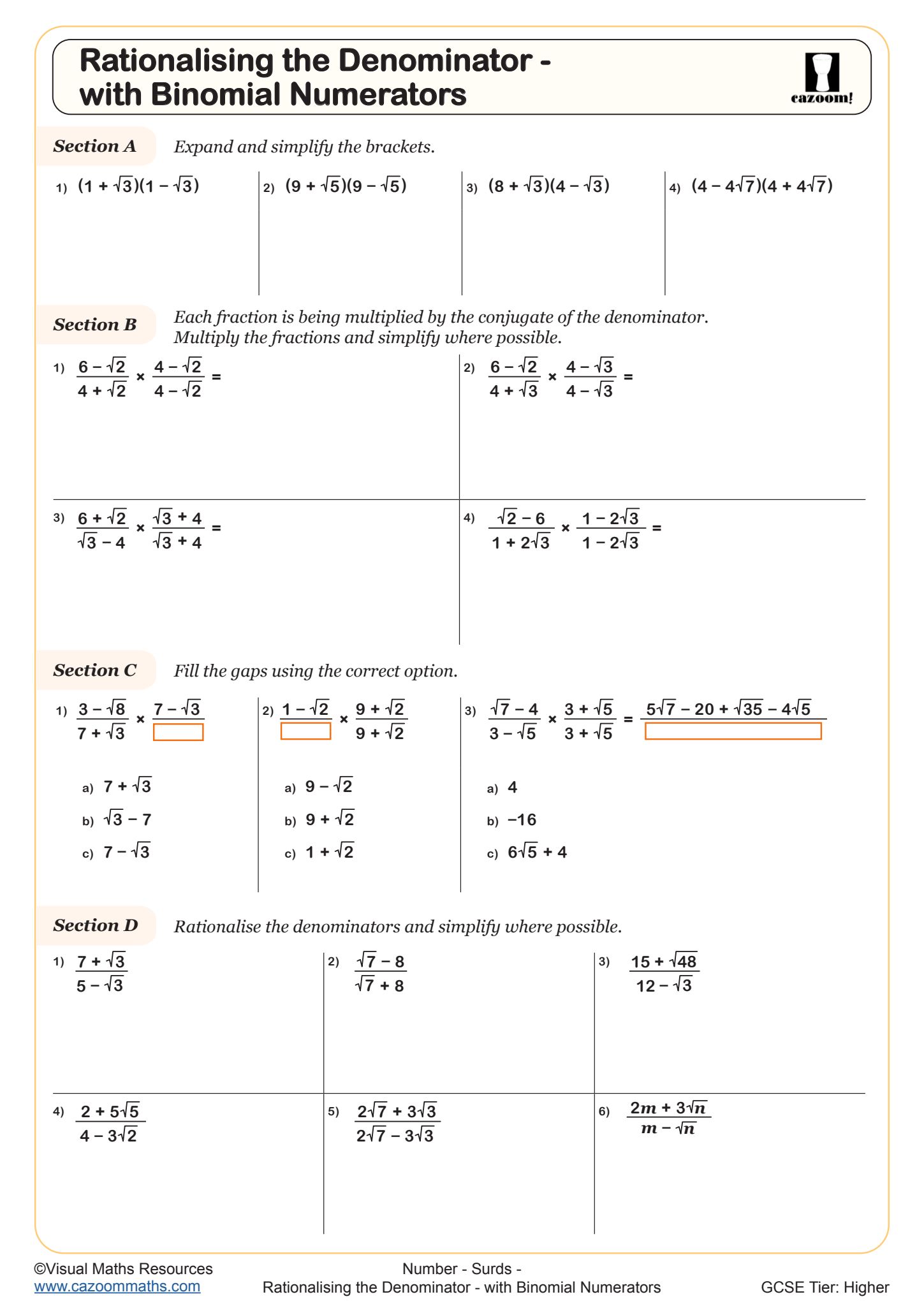 Preview of Rationalising the Denominator - with Binomial Numerators