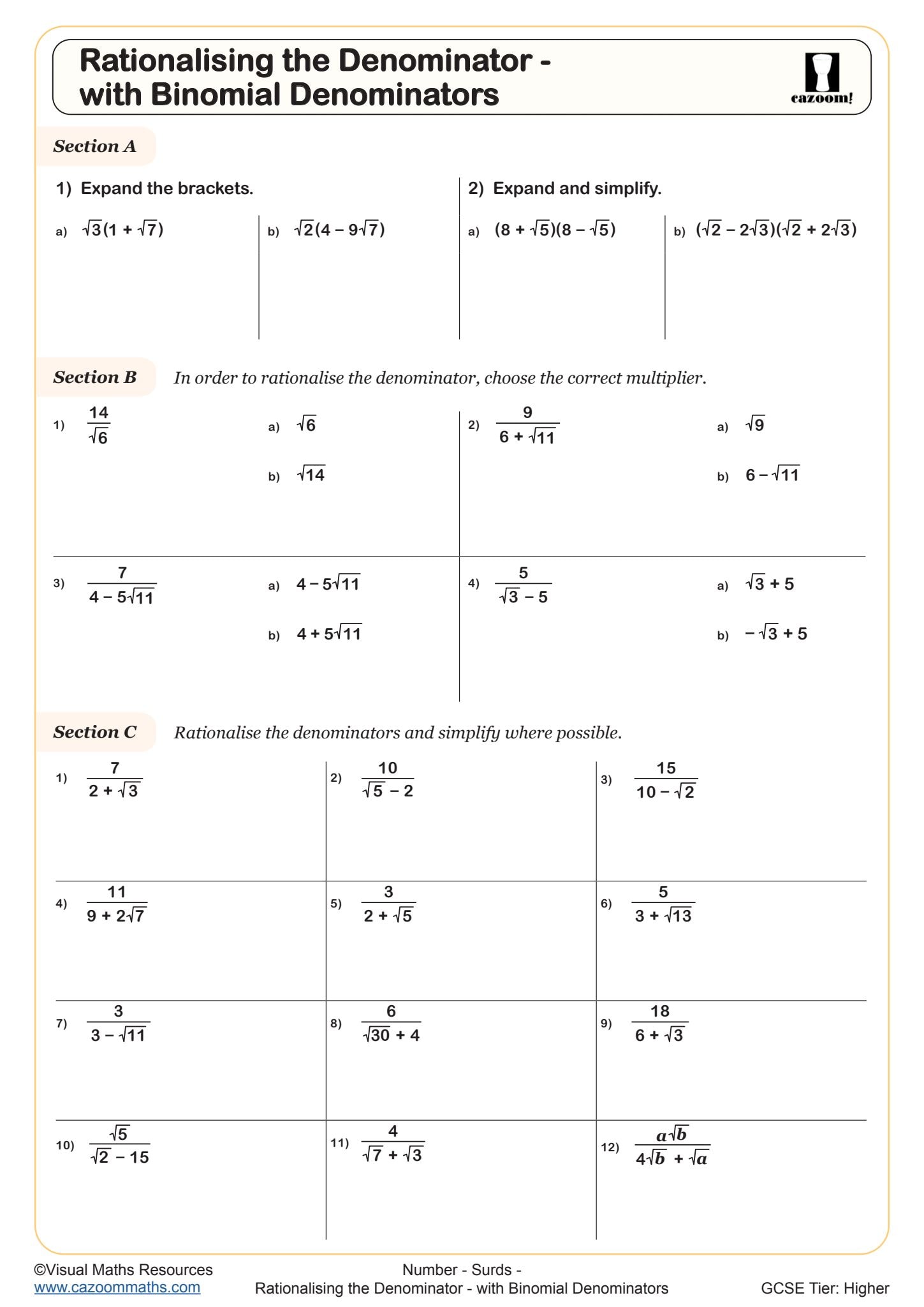 Preview of Rationalising the Denominator - with Binomial Denominators