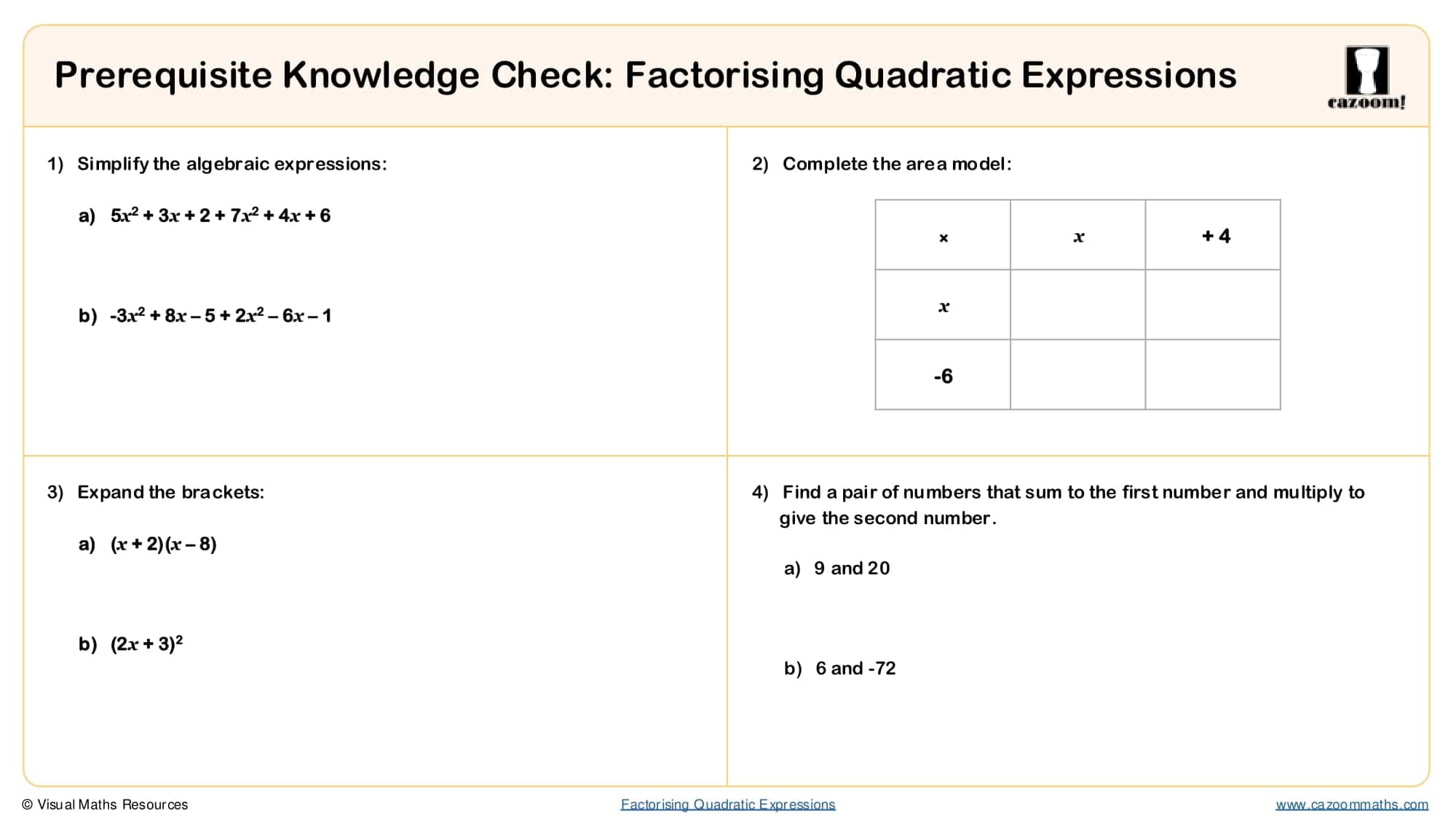 Preview of Factorising Quadratic Expressions