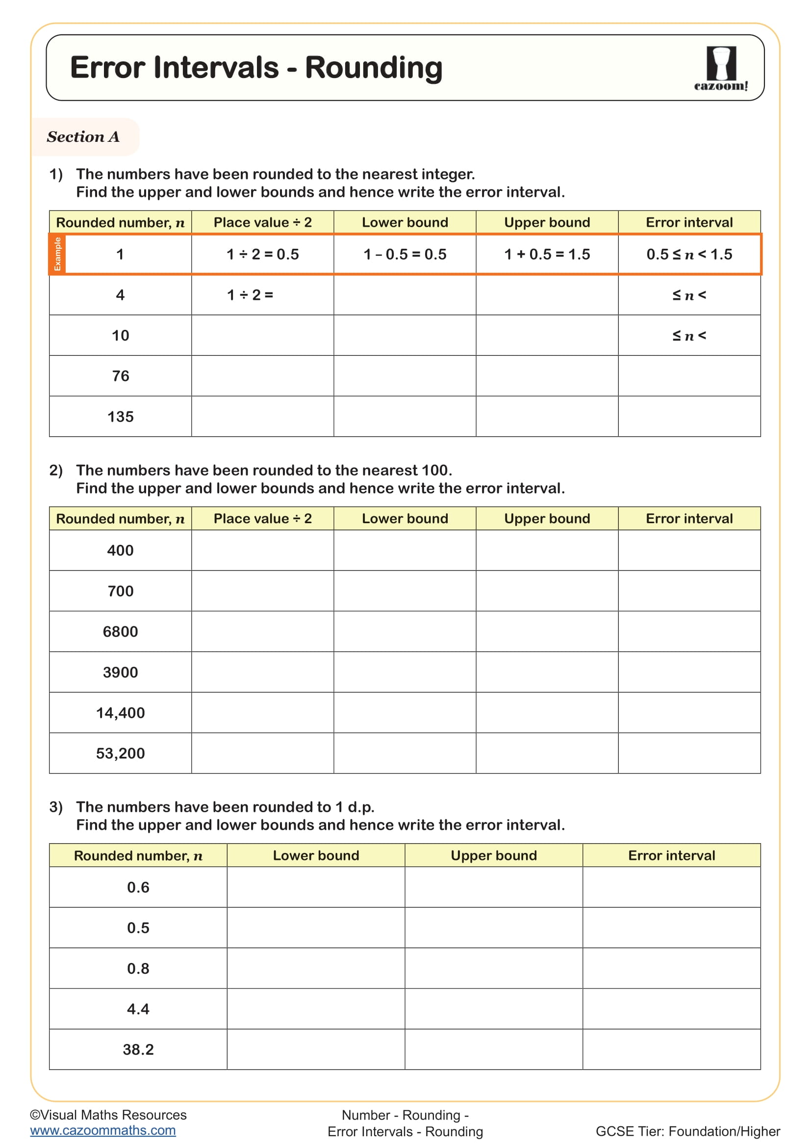 Error Intervals - Rounding worksheet