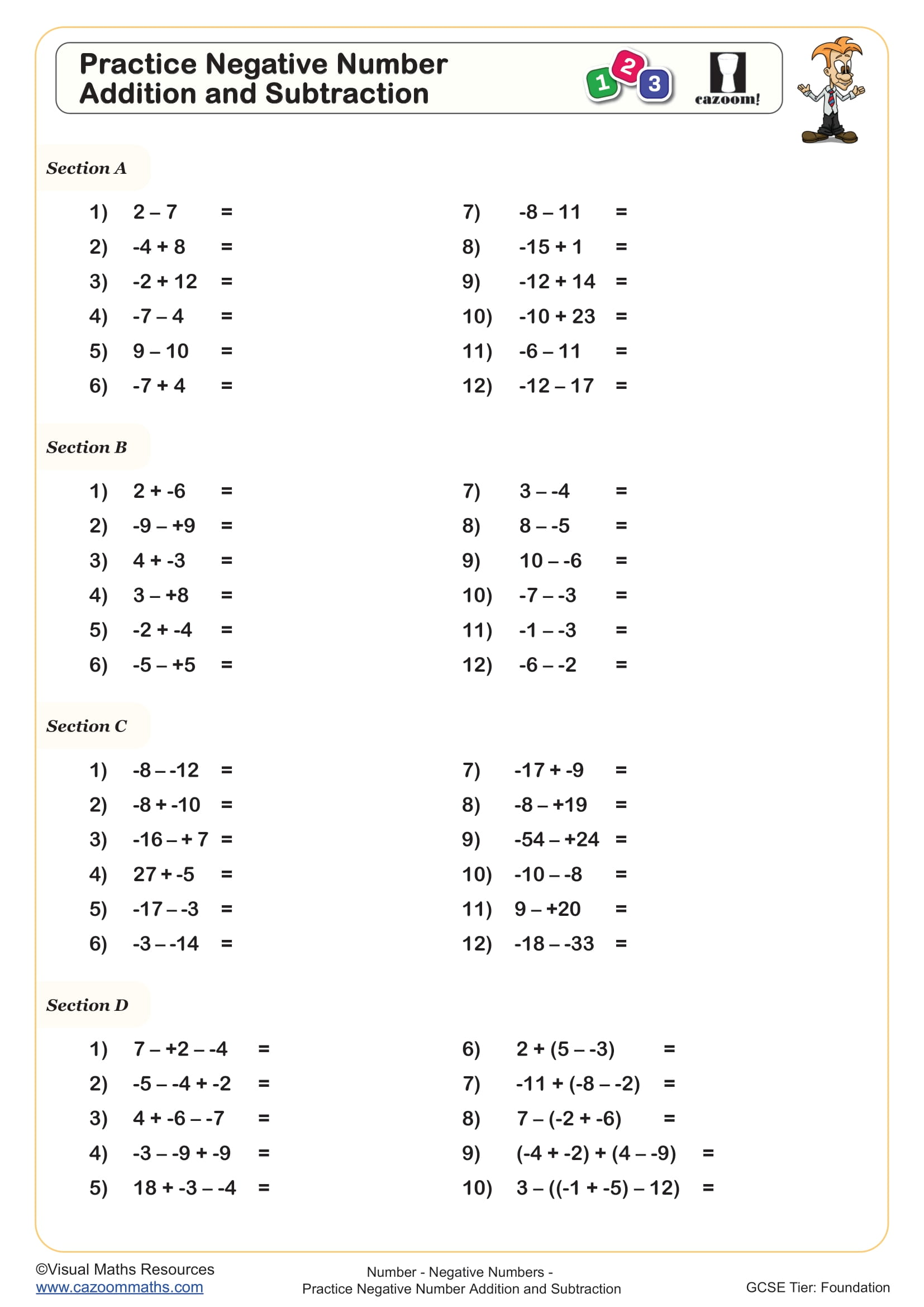 Practice Negative Number Addition and Subtraction worksheet