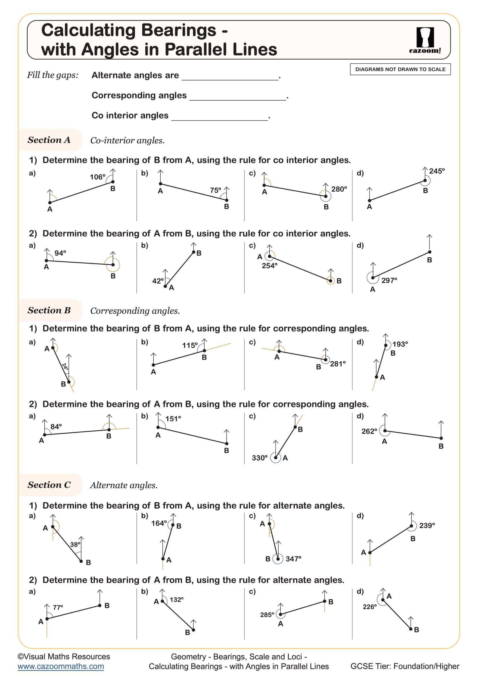 Calculating Bearings - with Angles in Parallel Lines worksheet