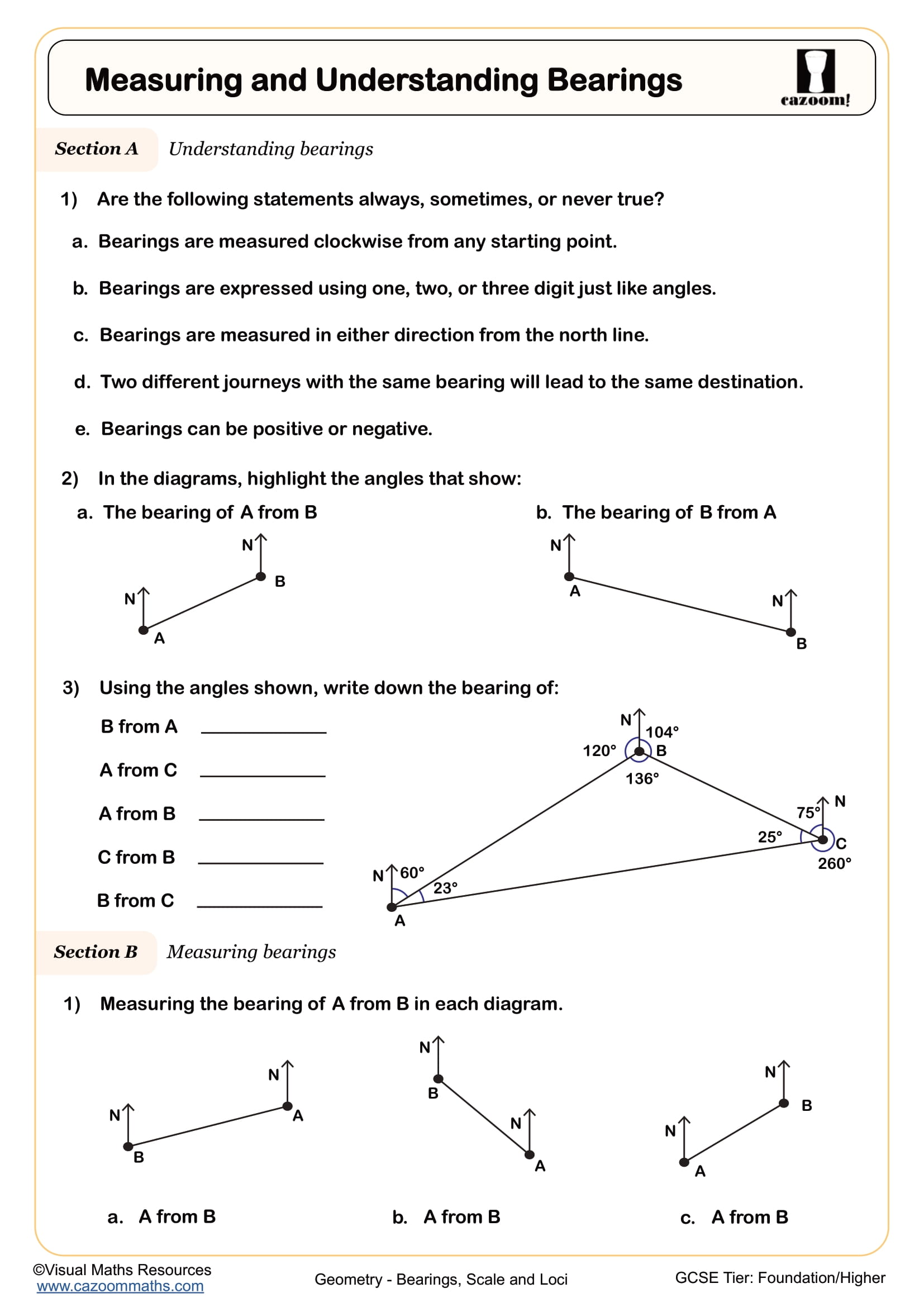 Measuring and Understanding Bearings worksheet