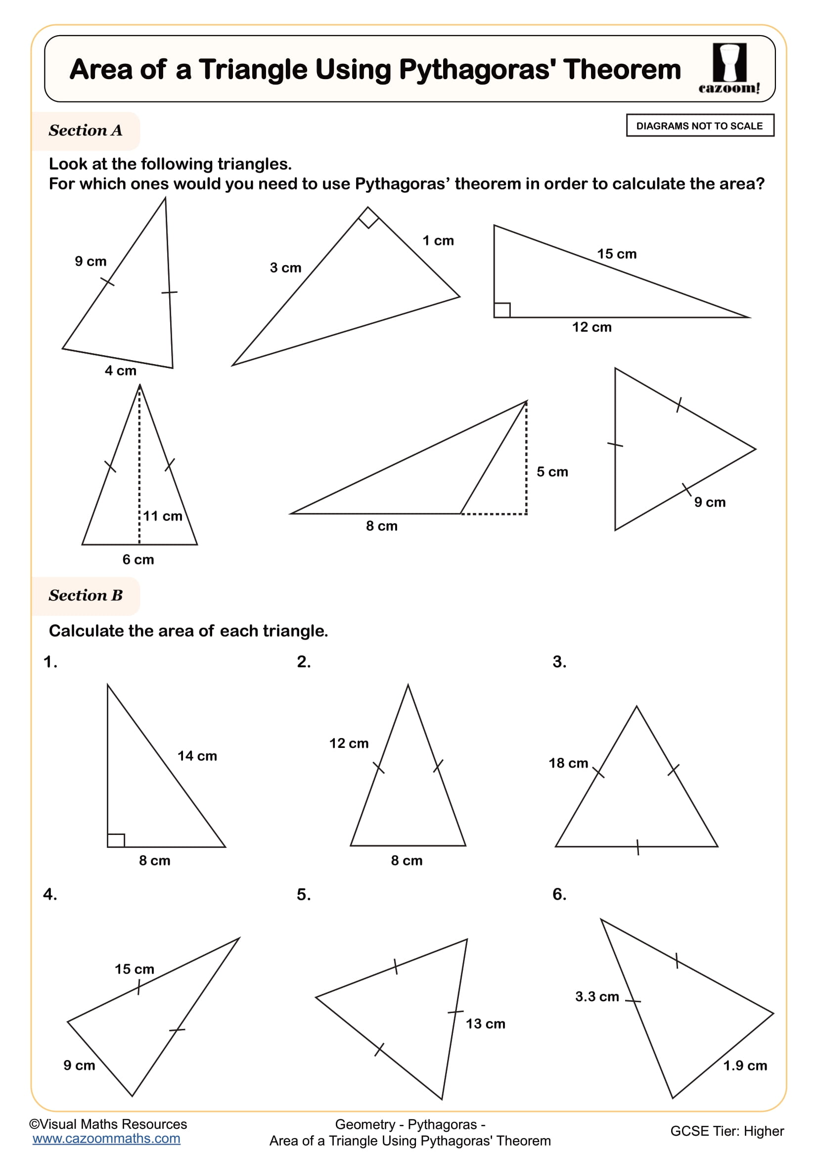 Area of a Triangle Using Pythagoras' Theorem worksheet