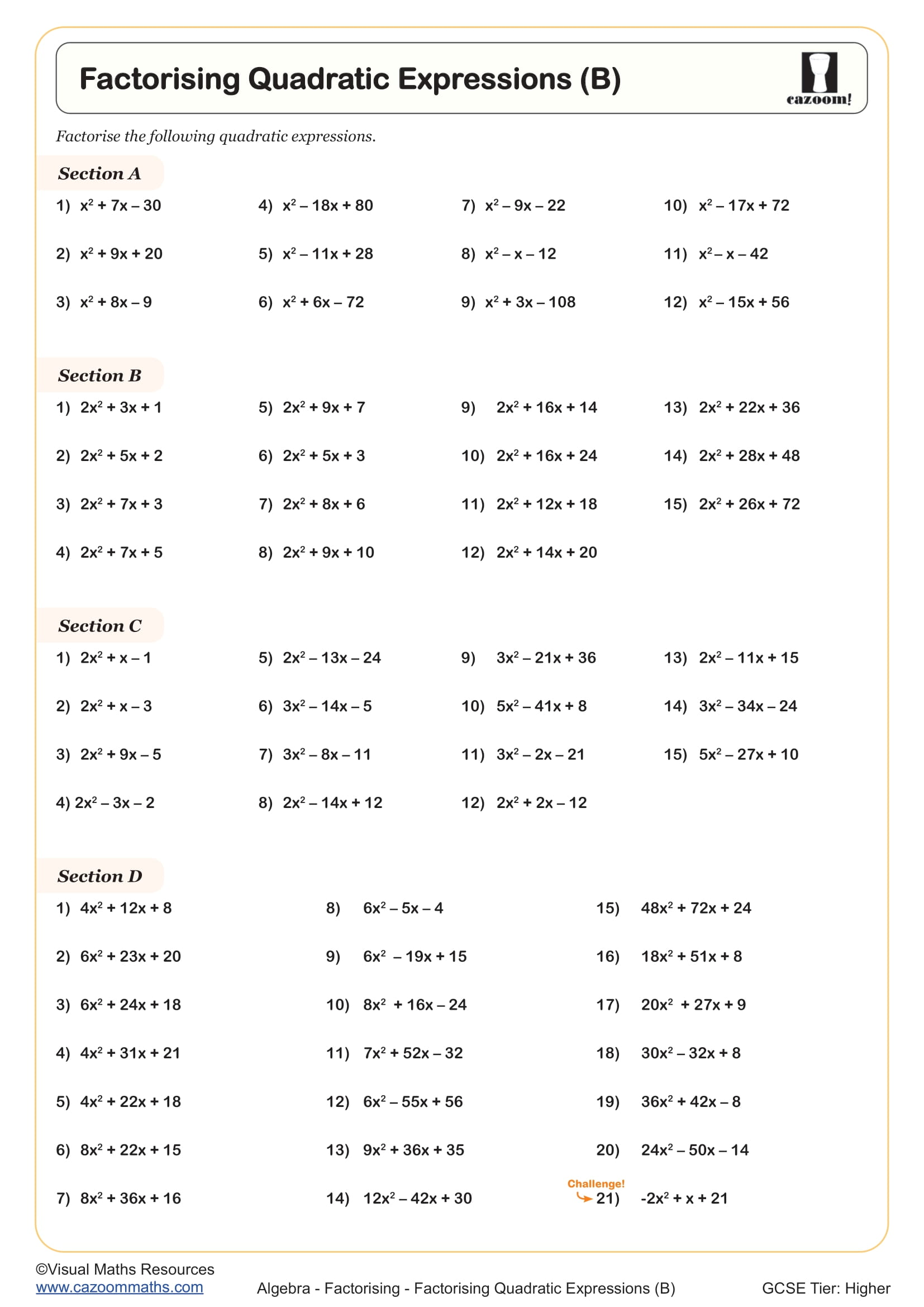 Factorising Quadratic Expressions (B) worksheet
