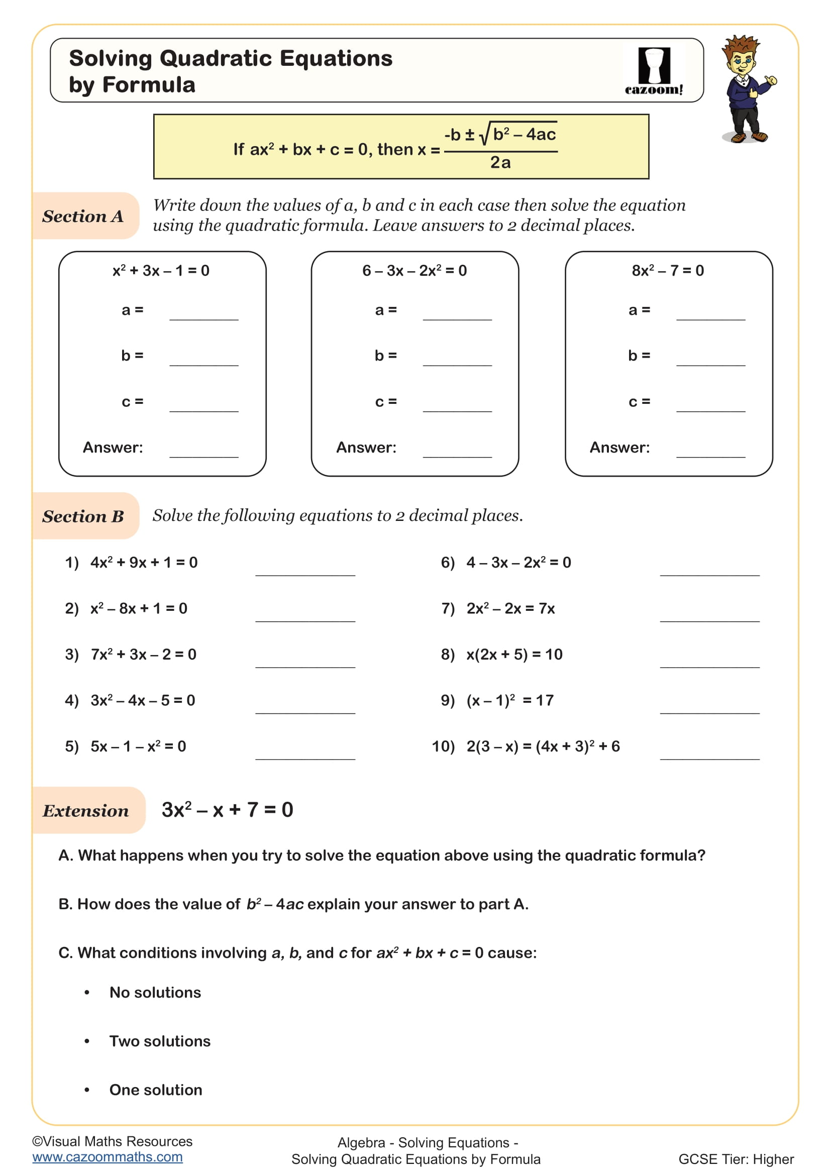 Solving Quadratic Equations by Formula worksheet