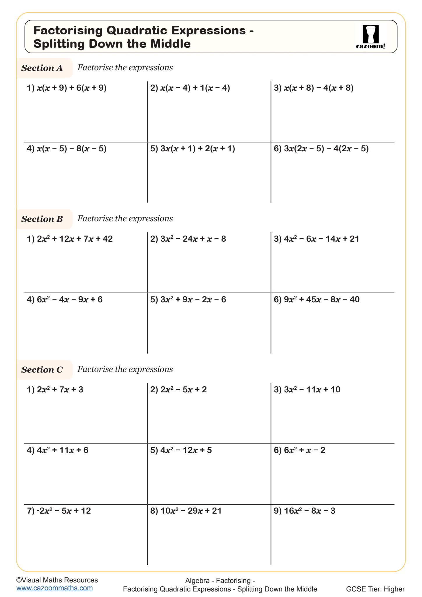 Preview of Factorising Quadratic Expressions - Splitting Down the Middle