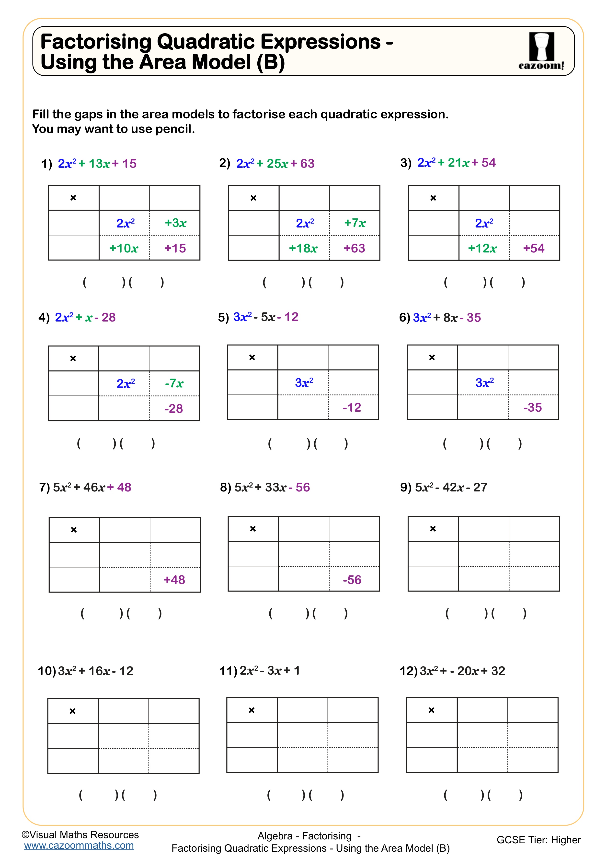 Preview of Factorising Quadratic Expressions - Using the Area Model (B)