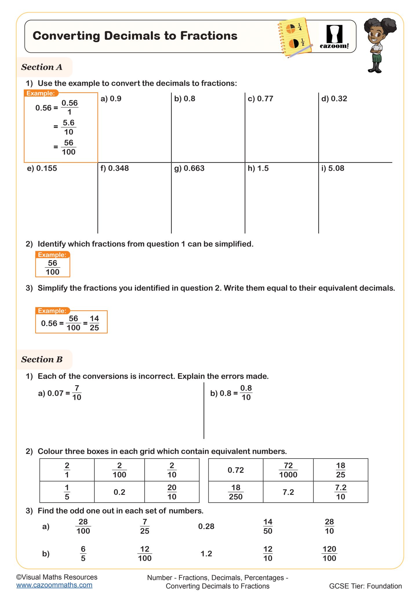 Preview of Converting Decimals to Fractions