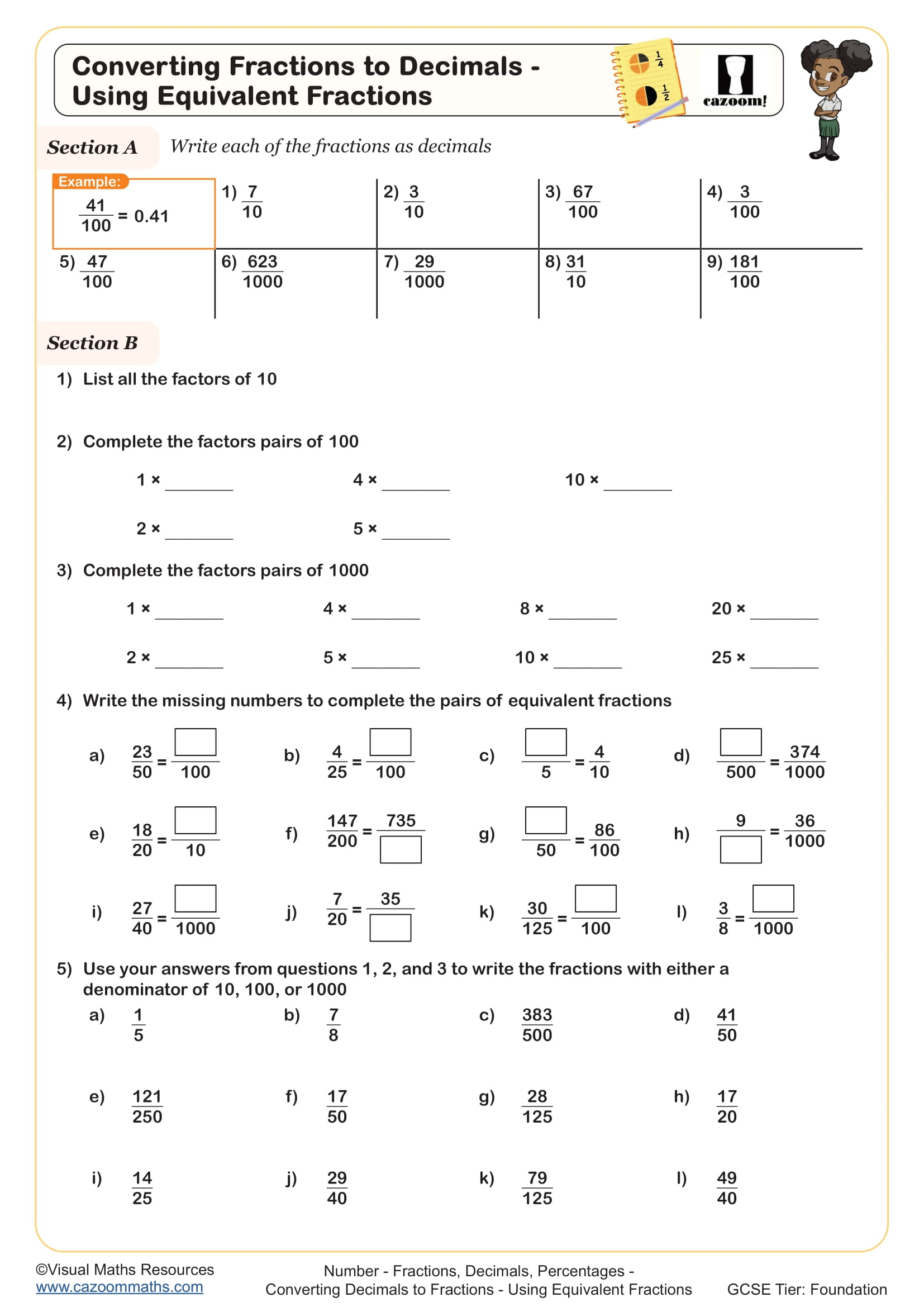 Converting Fractions to Decimals - Using Equivalent Fractions worksheet