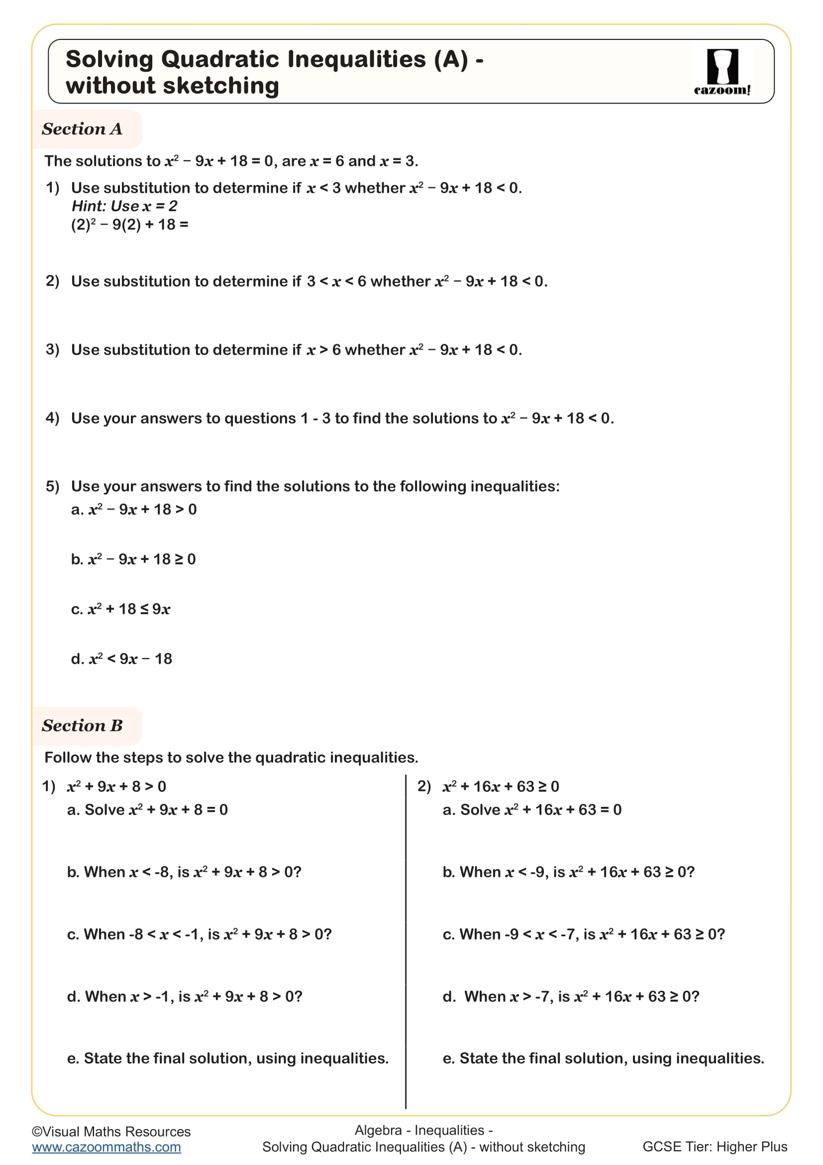 Solving Quadratic Inequalities (A) - without sketching worksheet