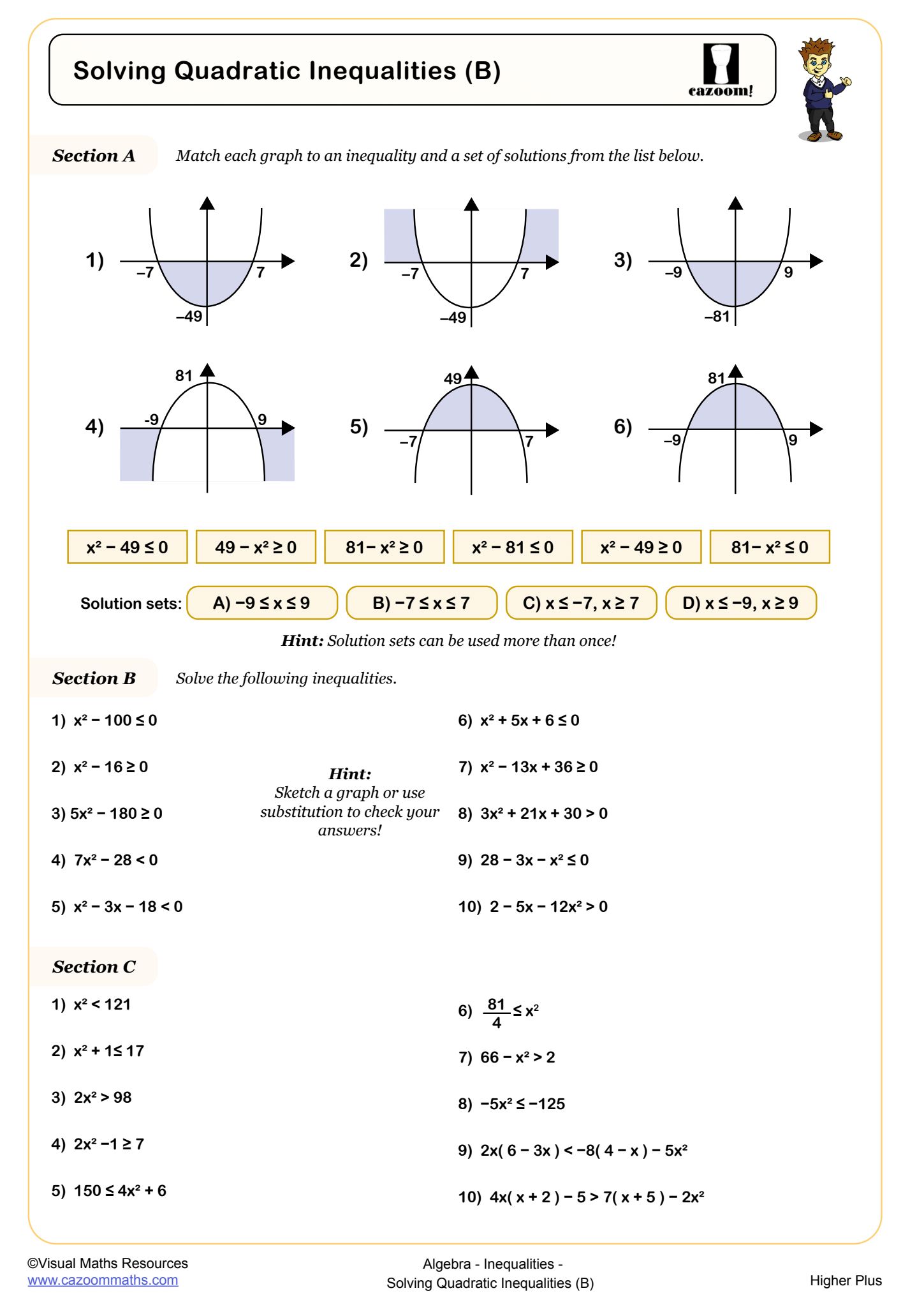 Solving Quadratic Inequalities (B) worksheet