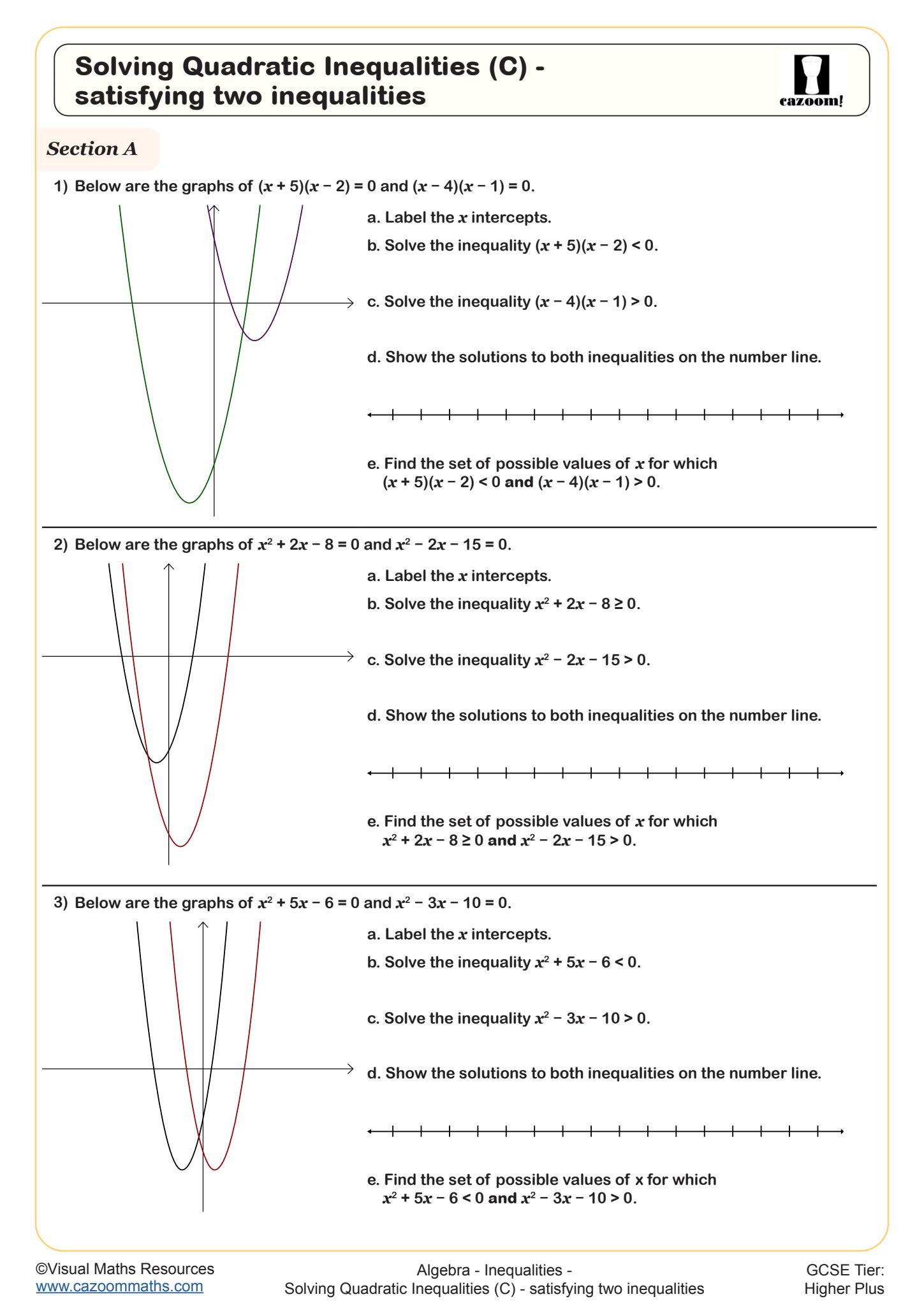 Preview of Solving Quadratic Inequalities (C) - satisfying two inequalities