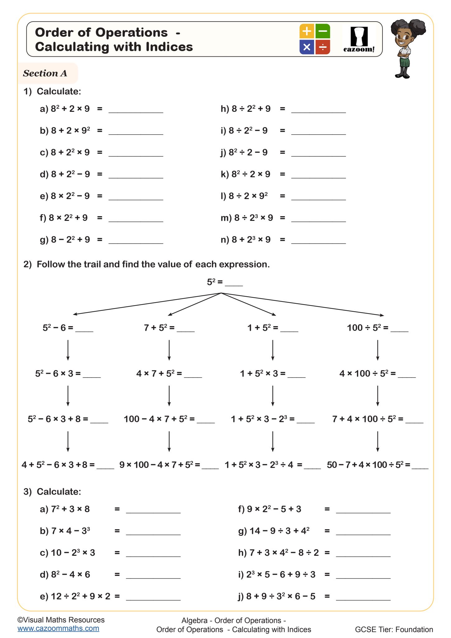 Preview of Order of Operations  - Calculating with Indices
