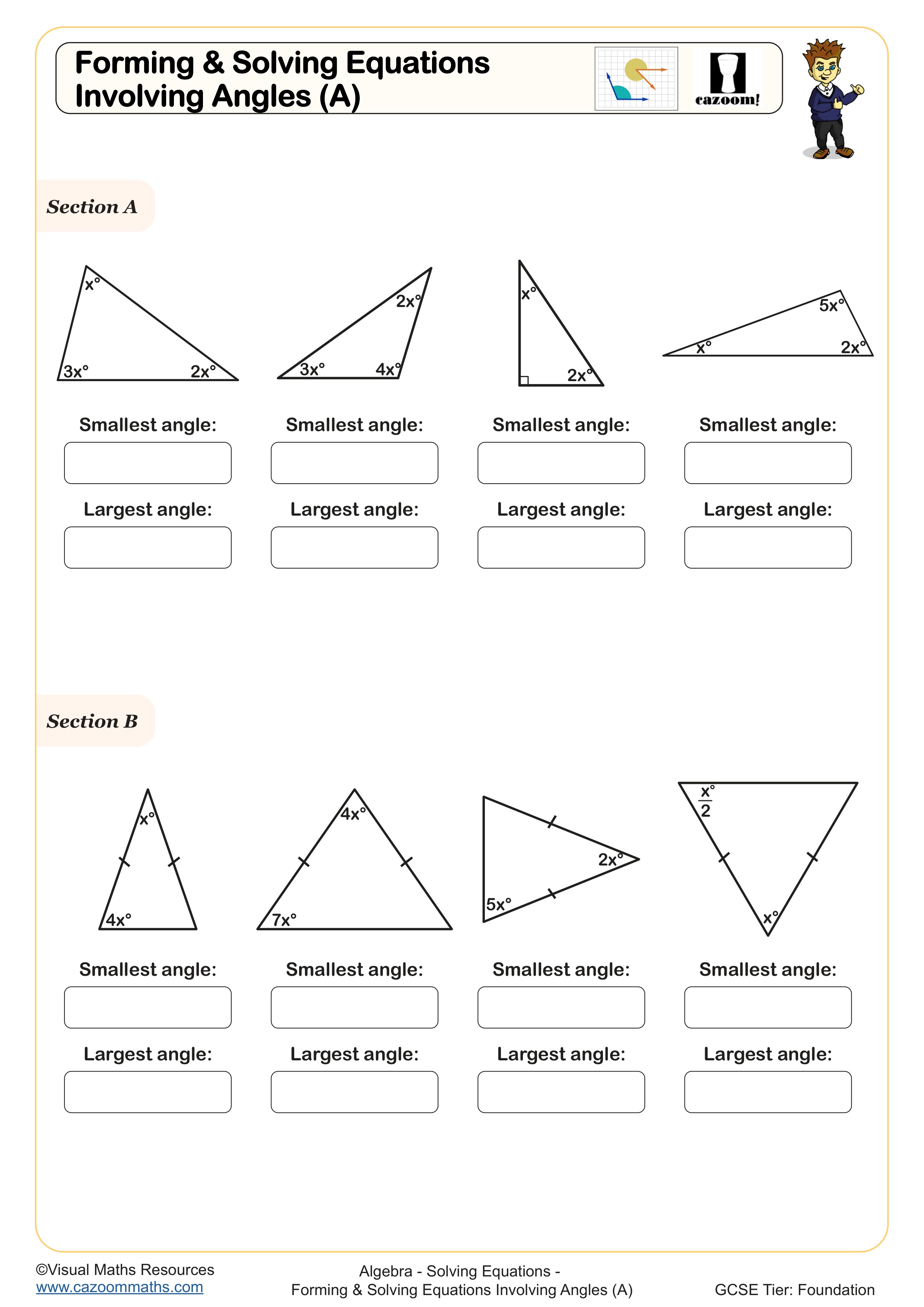 Forming and Solving Equations Involving Angles (A) worksheet