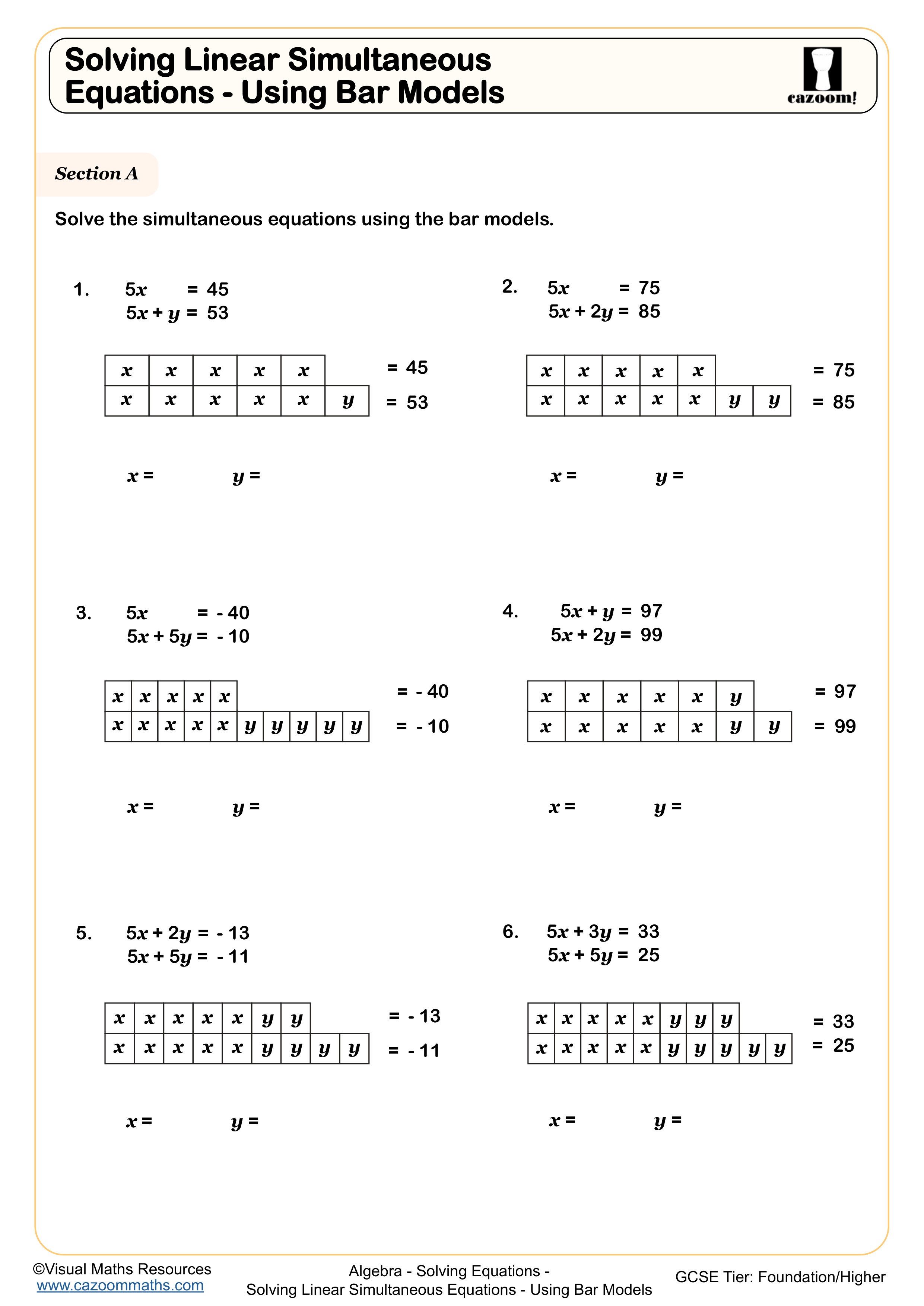 Solving Linear Simultaneous Equations - Using Bar Models worksheet