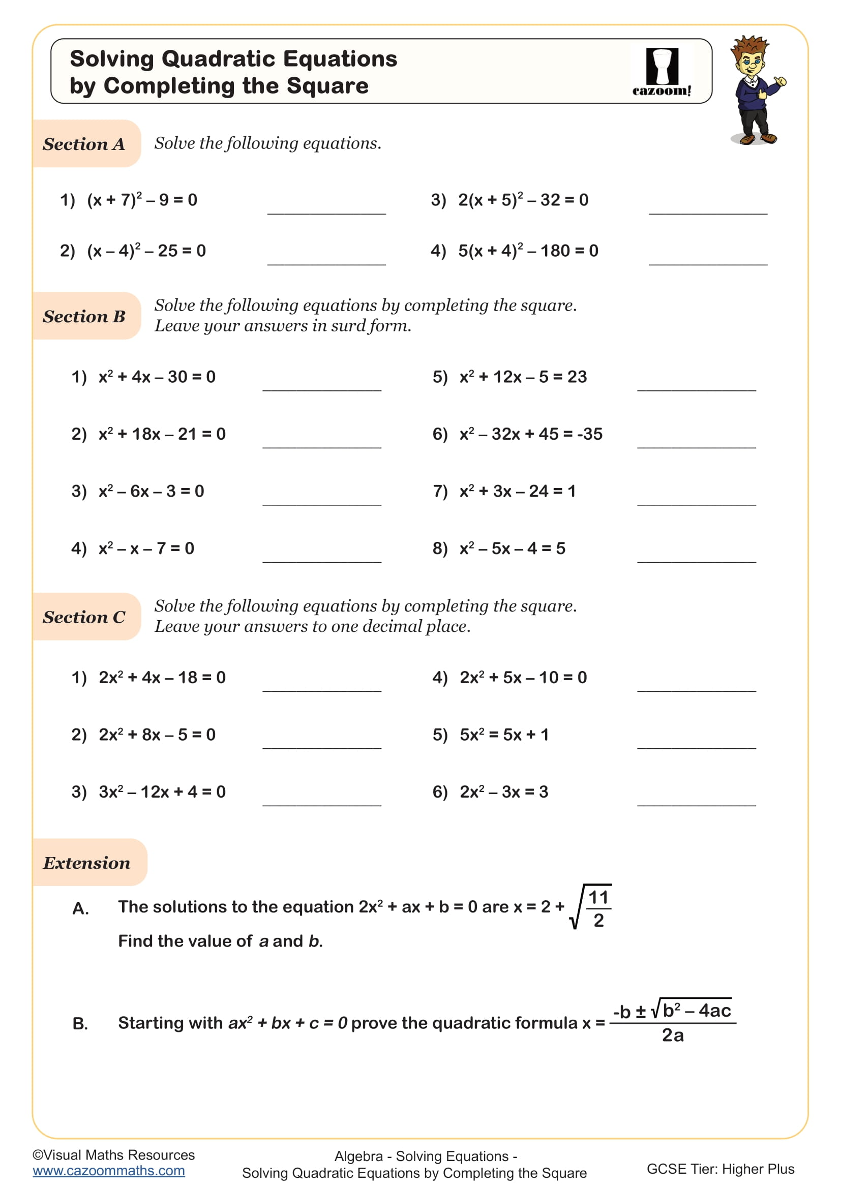 Solving Quadratic Equations by Completing the Square worksheet