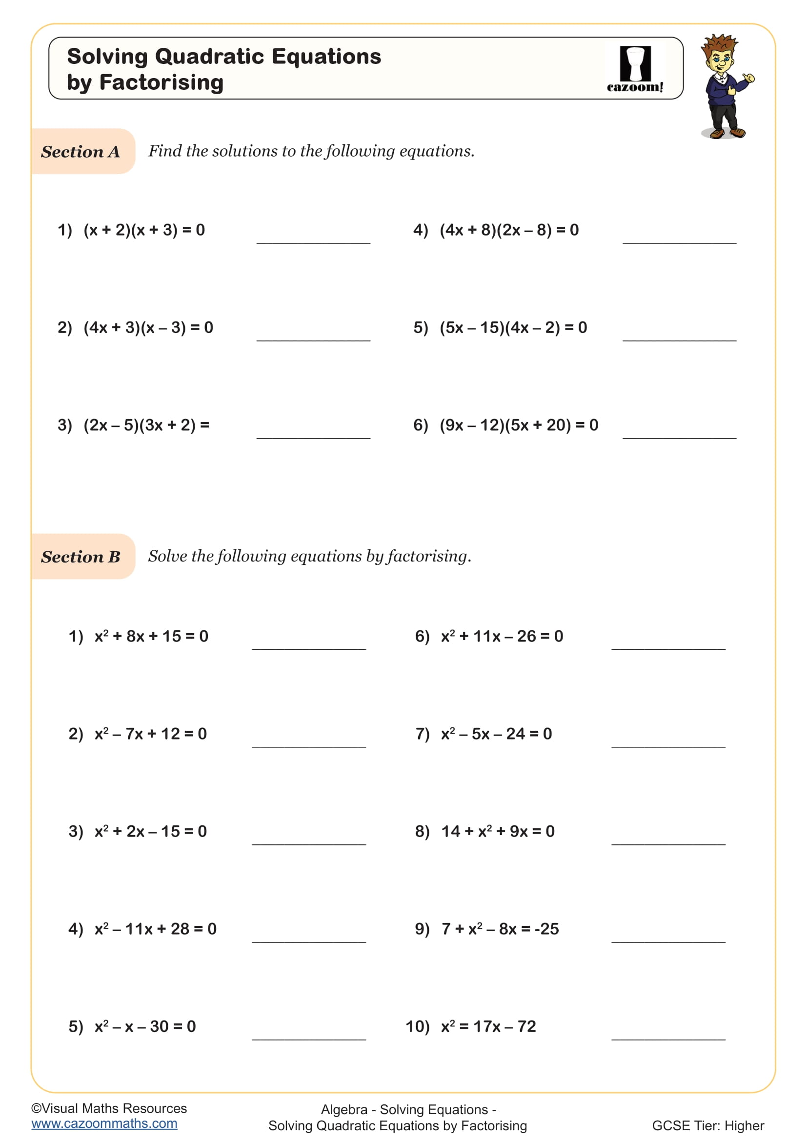Solving Quadratic Equations by Factorising worksheet