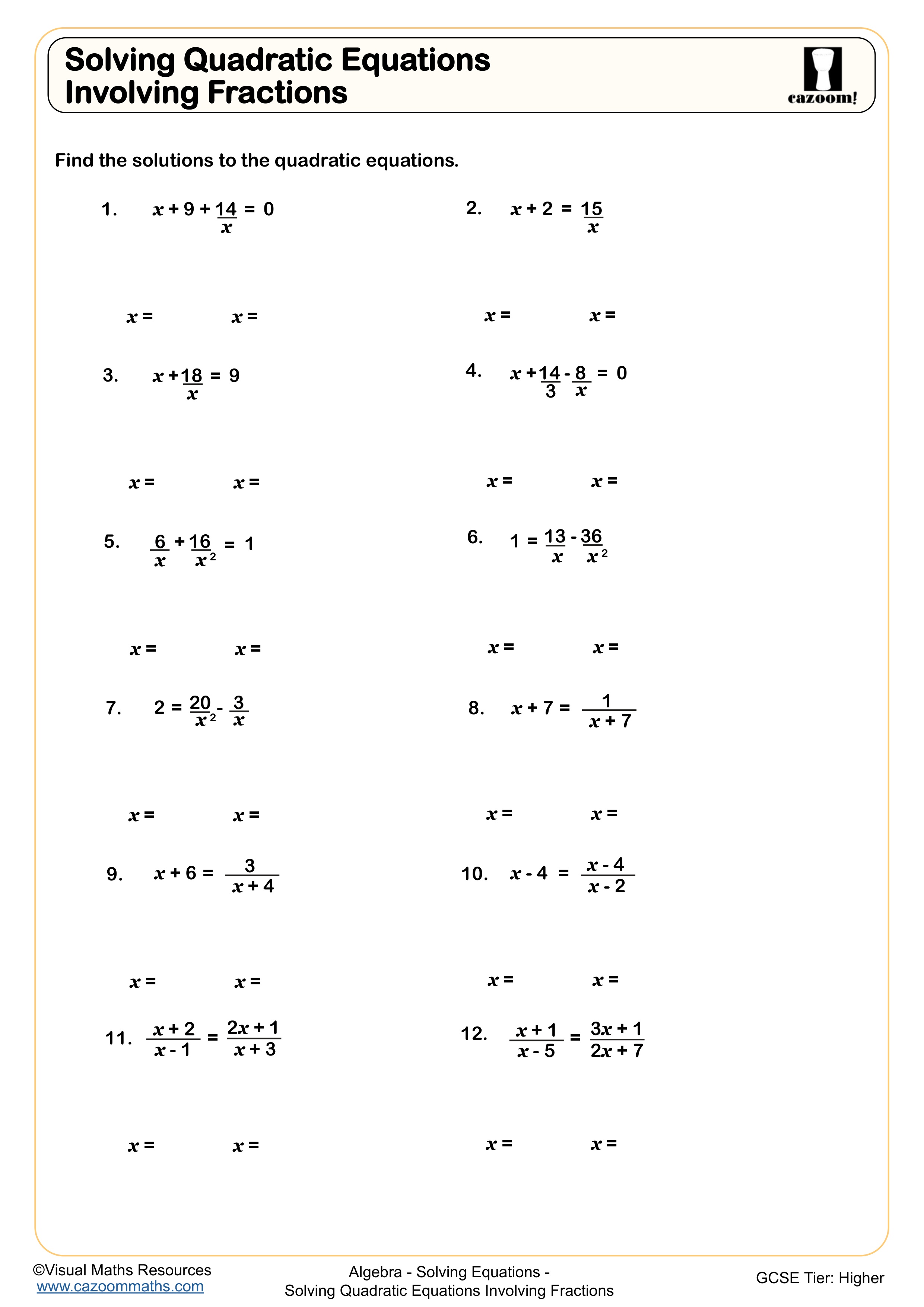 Preview of Solving Quadratic Equations Involving Fractions
